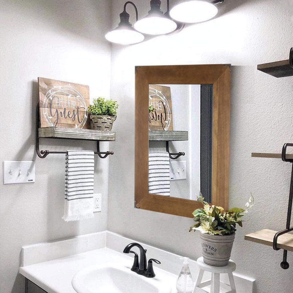 Rustic Wood Frame Wall Mirror, Vanity Mirror, Makeup Mirror, Bathroom Mirror with Decorative Metal Corners for Farmhouse Living Room Bathroom Bedroom (23 x 17 inch)