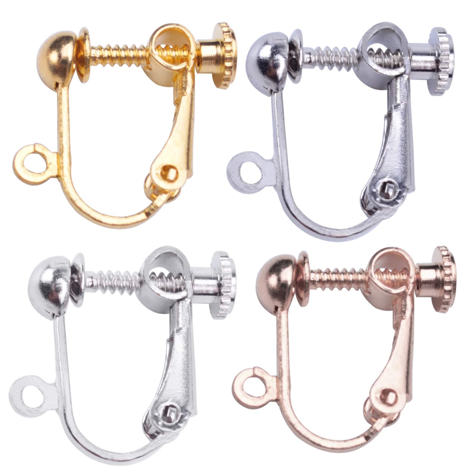 BronaGrand 24 Pieces Clip-on Earring Findings Components Screw Back Ear Wire Non Pierced Earring Converter with Loop for Jewelry Making, 4 Colors