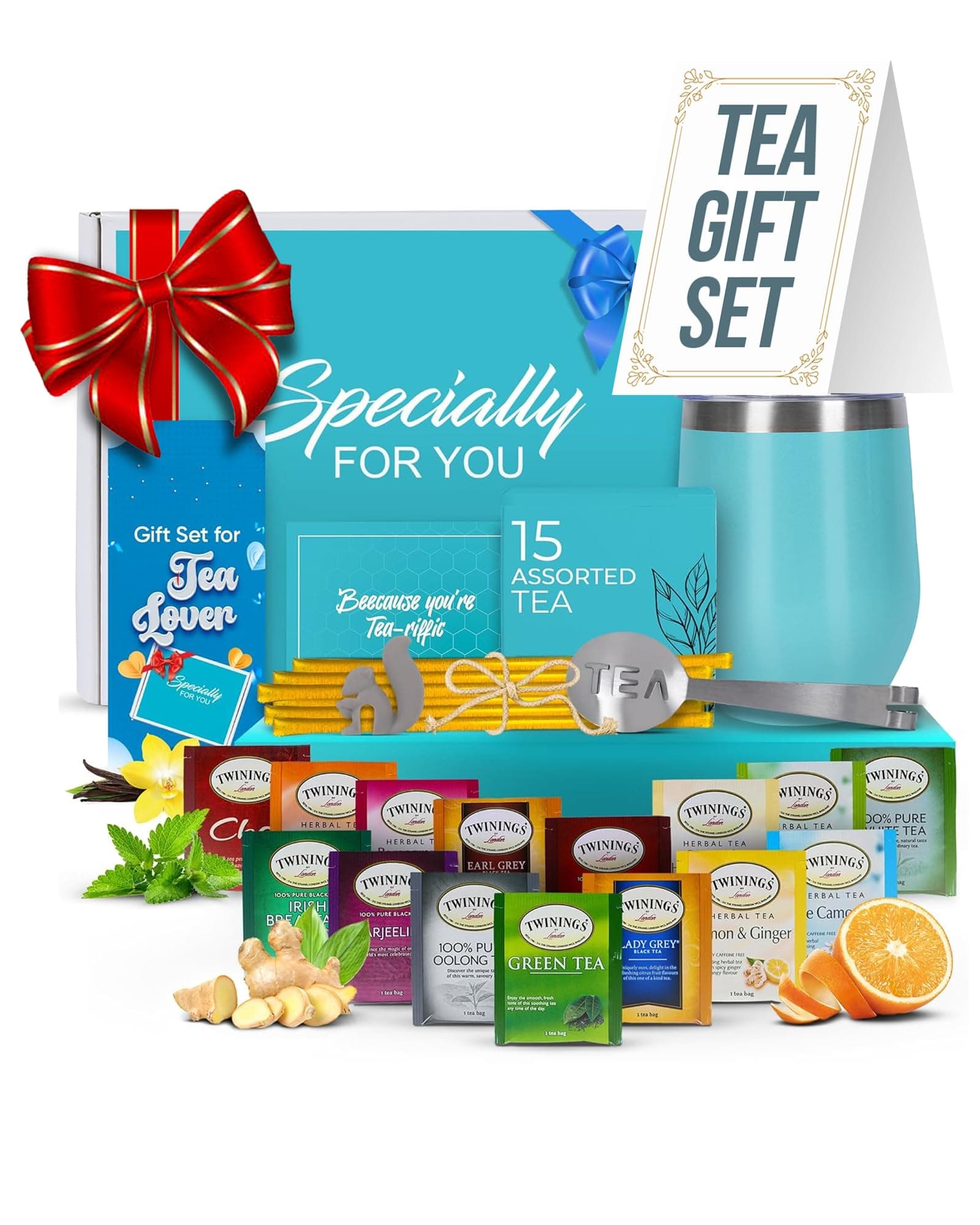 Modern Elegance Tea Tumbler Gift Set – Includes Tea Bag Holder, Spoon, Honey Straw, 15 Assorted Flavor Blends & Hot & Cold 12oz Insulated Tumbler – Ideal for Holiday Gift for Tea Lovers – Teal