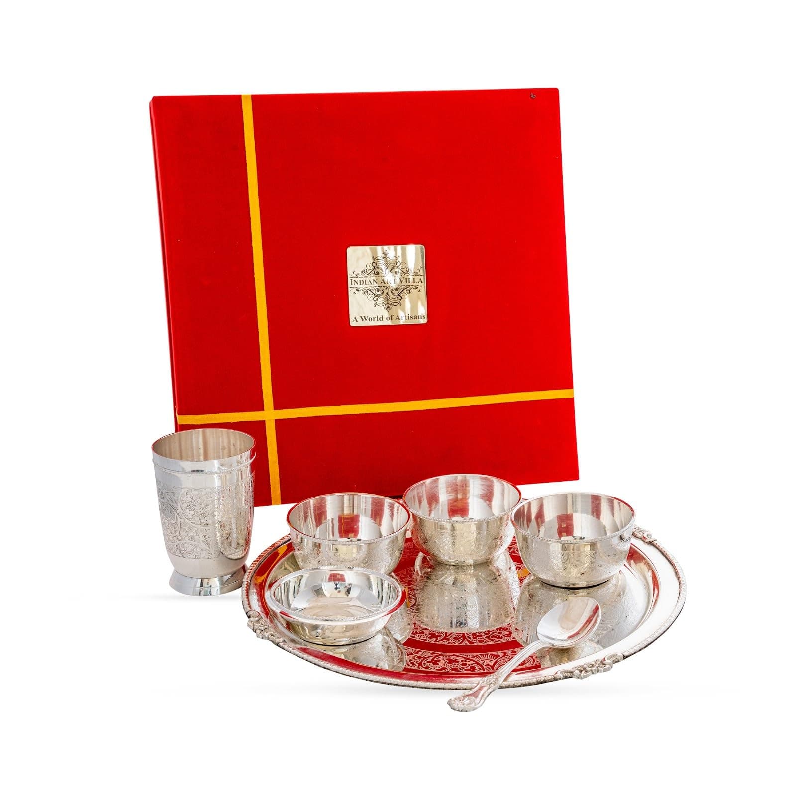 INDIAN ART VILLA Embossed Design Silver Plated 7 Pieces Dinner Set with Gift Box, Diwali Gift Set, 12" Inch Thali Diameter