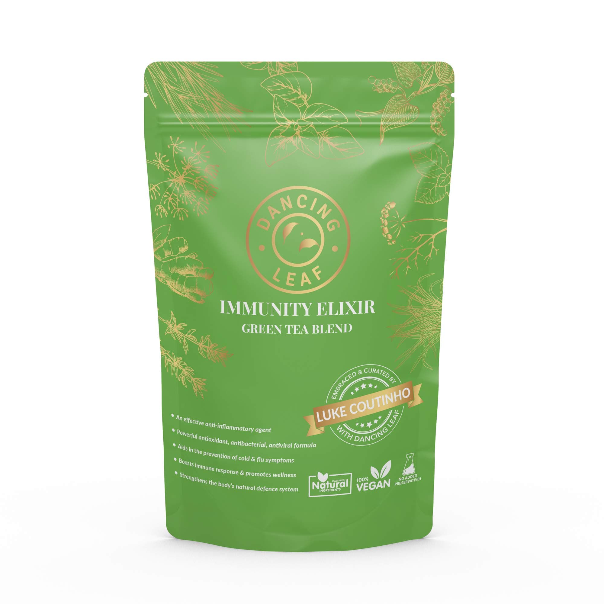 Dancing Leaf & Luke Coutinho | All-Day Immunity Elixir Green Tea, Lemongrass, Oregano, Thyme, Fennel, Turmeric, Carom, Rosemary, Peppermint Black Pepper | Green Tea Blend | 125 gm (62-63 Cups)