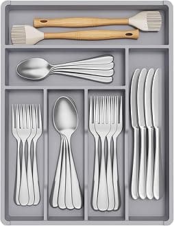 Lifewit Cutlery Drawer Organiser,Plastic Cutlery Tray for Kitchen, Small Flatware Silverware Knife & Fork Organiser for Deeper Drawer, Kitchen Countertops Tableware Holder,6 Compartment, GreyRecycled Claim Standard 100