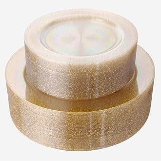 I00000 102PCS Gold Glitter Plastic Plates, Gold Glitter Disposable Plates Clear Plastic Party Plates Include 51 Dinner Plates 10.25" and 51 Dessert Plates 7.5" for Parties &Wedding