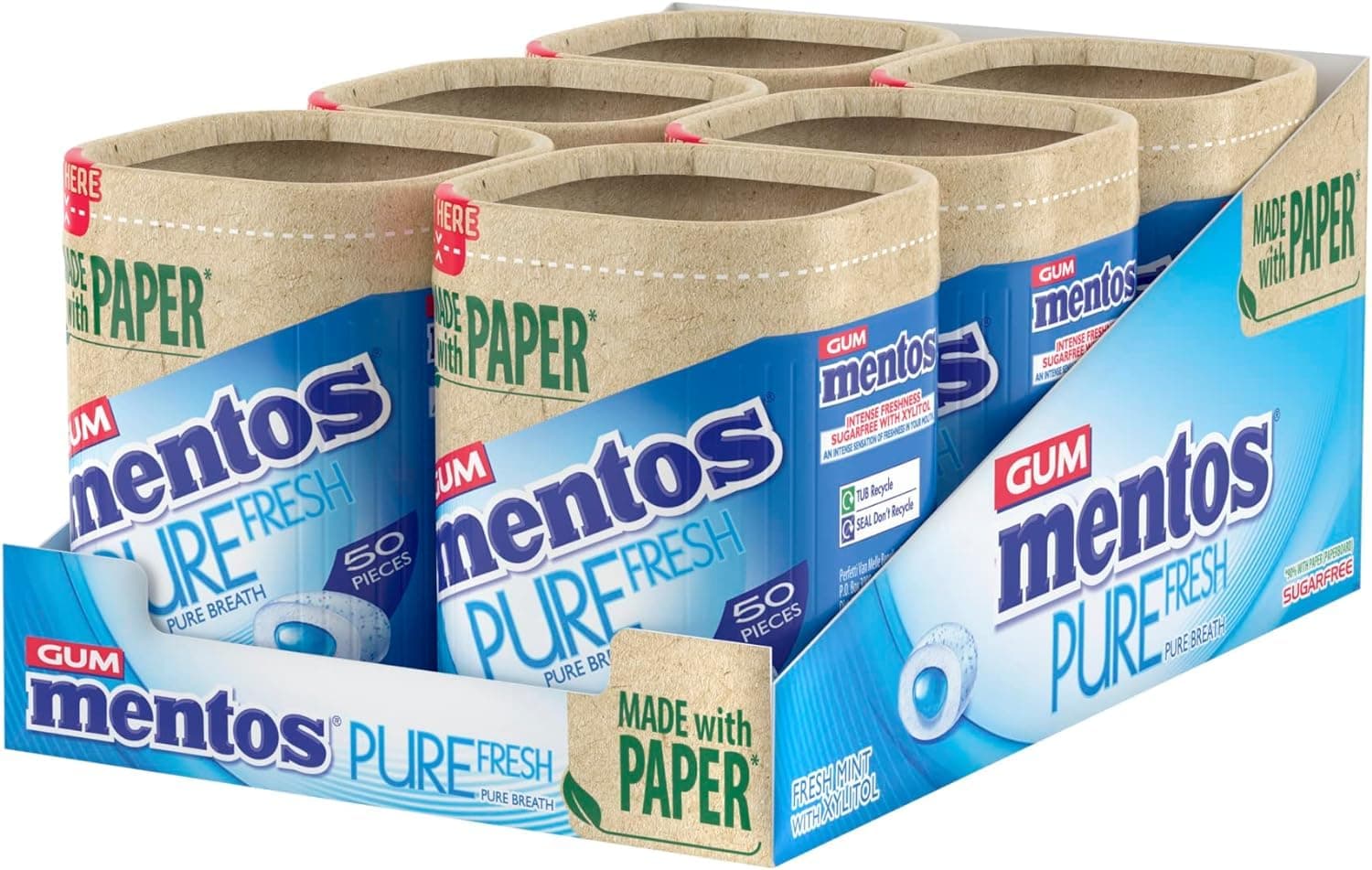 MENTOS GUM - Pure Fresh Chewing Gum - Crisp Outer Shell and Liquid Filled Centre - Fresh Mint - 6 x 50 Pieces