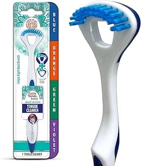 GuruNanda Dual Action Tongue Scraper (1 Pack), 2-in-1 Tongue Scraper & Soft Bristled Tongue Brush, Deep Cleans Tongue & Fights Bad Breath - Color Varies