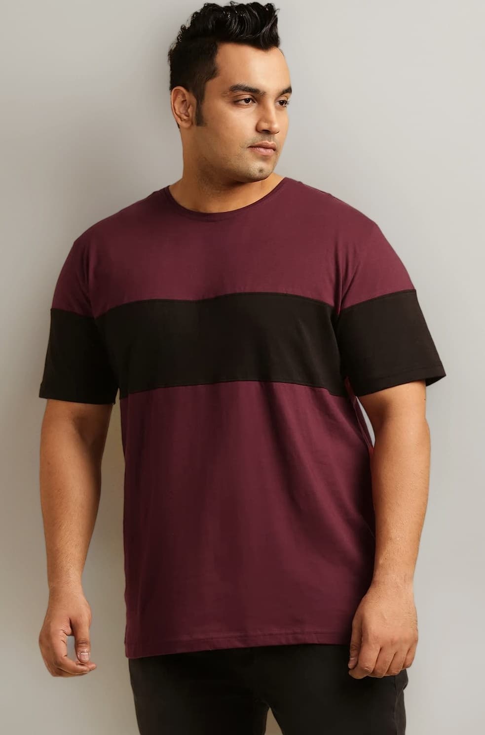 Mens Plus Size T-Shirt - Stripe - Maroon Black