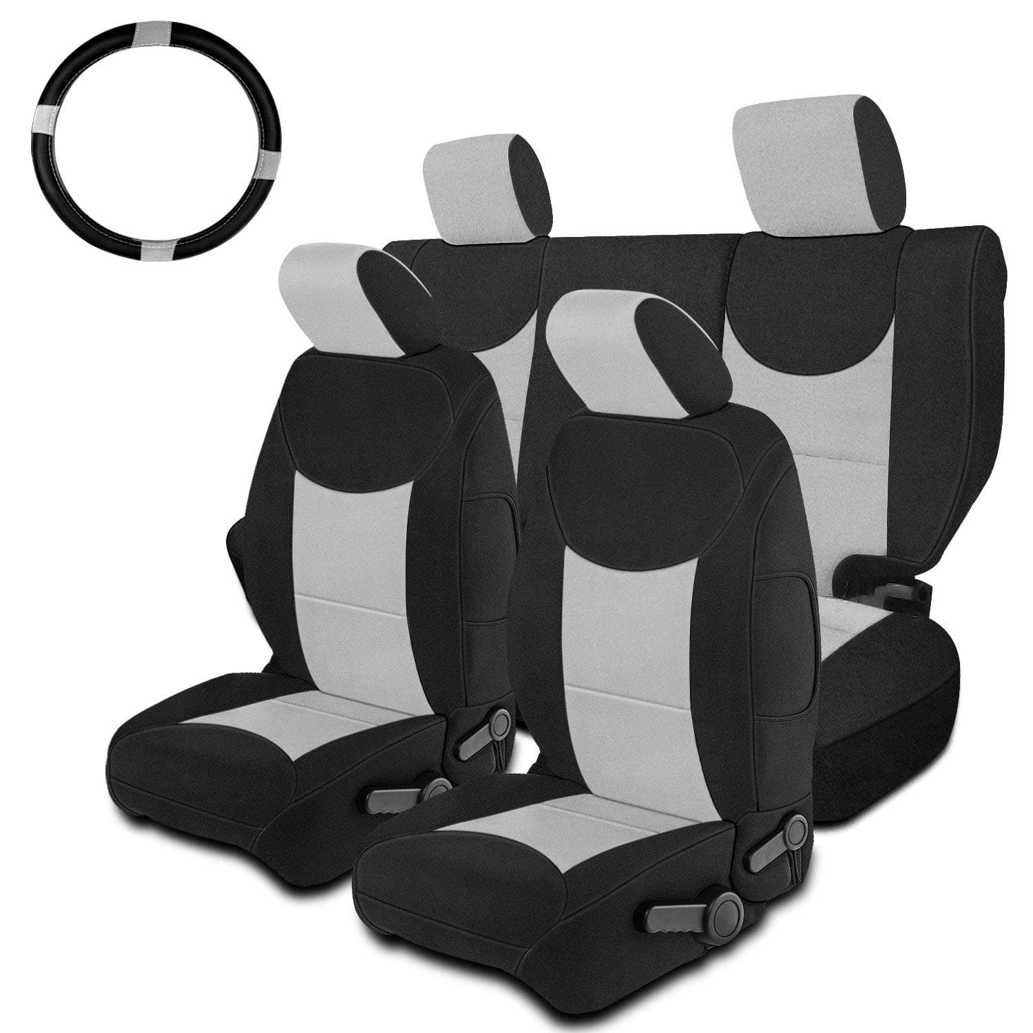 MODOKIT Full Set Seat Covers for Jeep Wrangler 2013-2018 wiith 1Pc Car Steering Wheel Cover