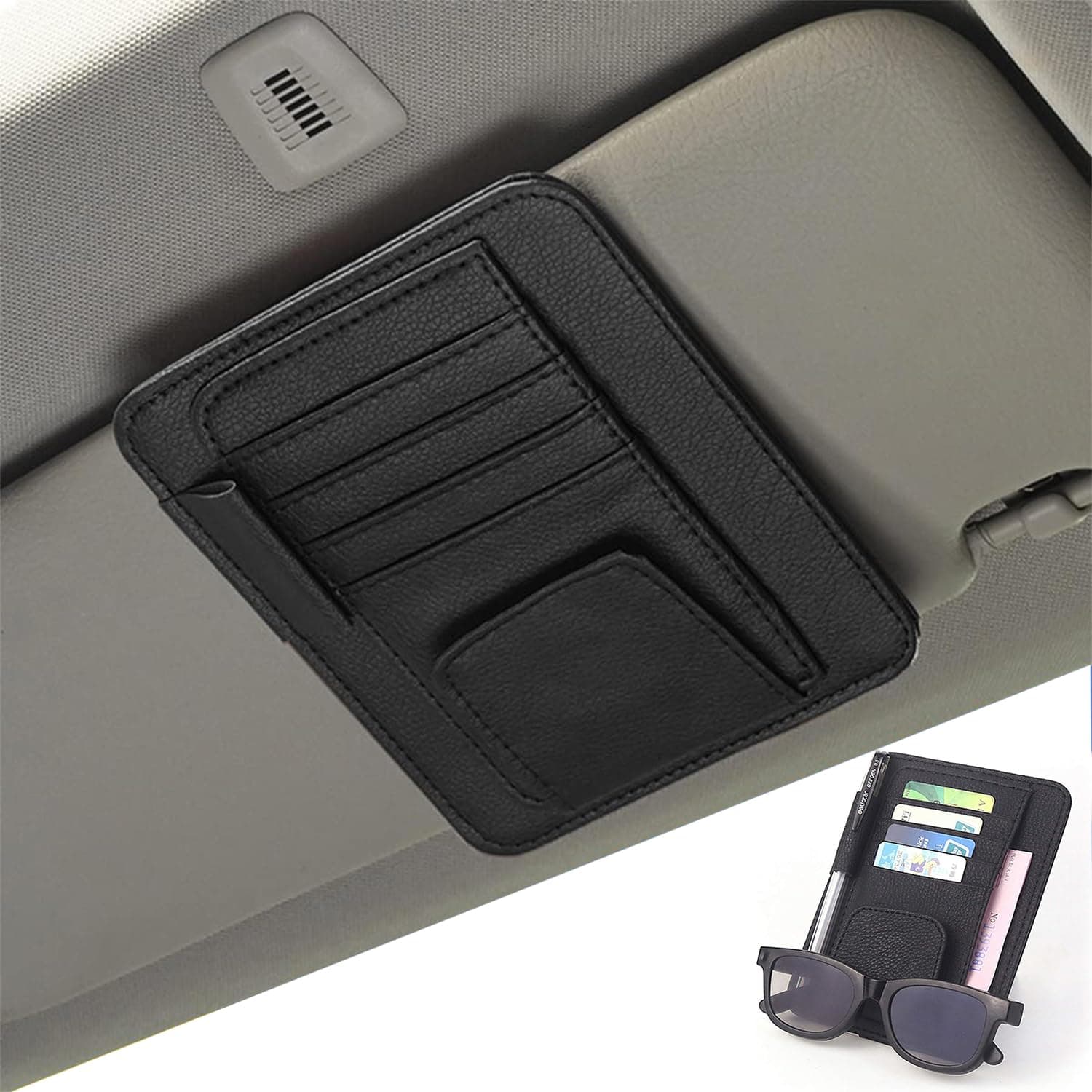 Small Car Sun Visor Organizer, ALLNEWELOOK Car Visor Document Holder, Sunglasses, Drving License, Insurance, Pen, Key, Phone (Black Wallet)