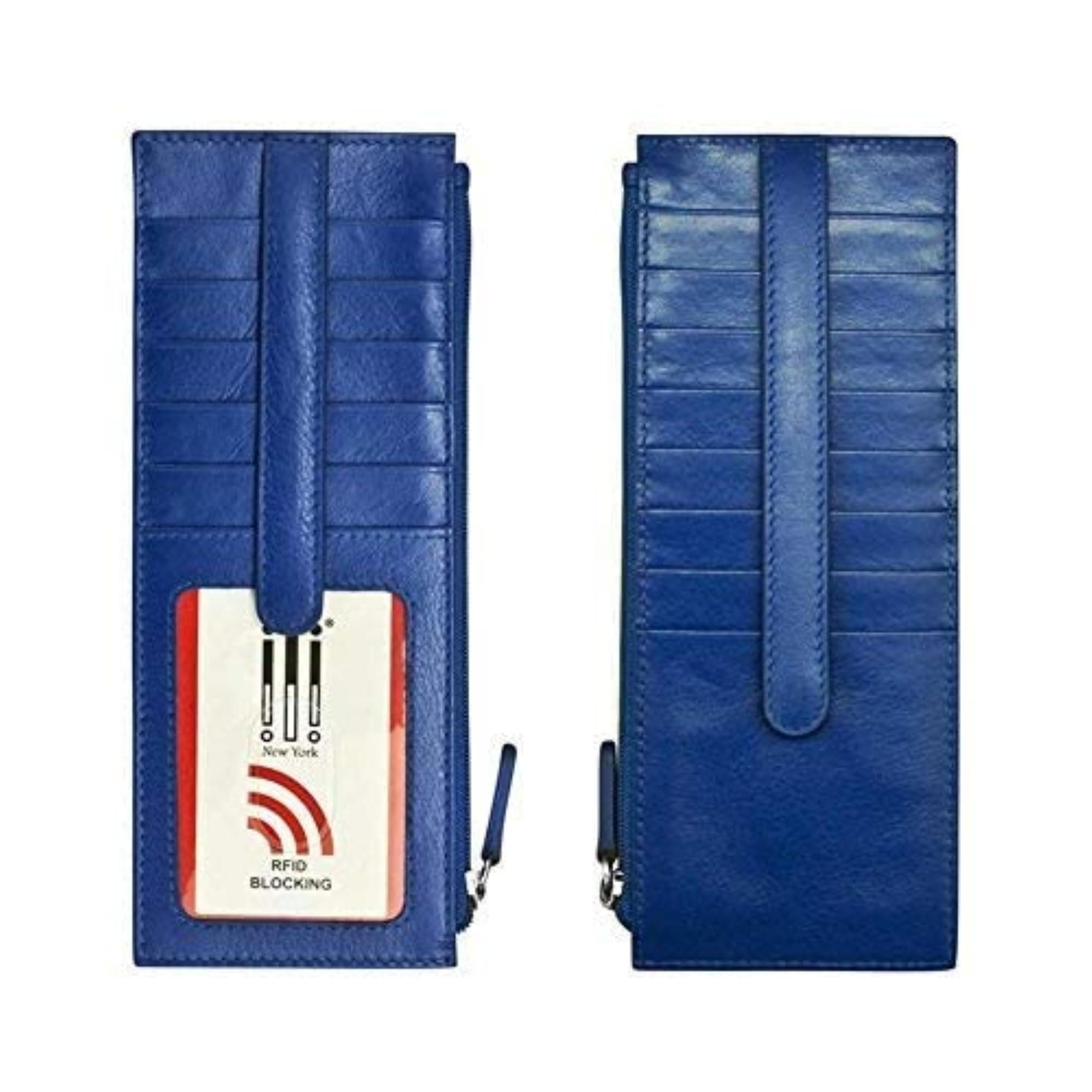 ili New YorkLong Double Sided Slim Wallet, RFID Blocking Card Holder with ID Window and Side Zip Pocket for Men and Women, Cobalt