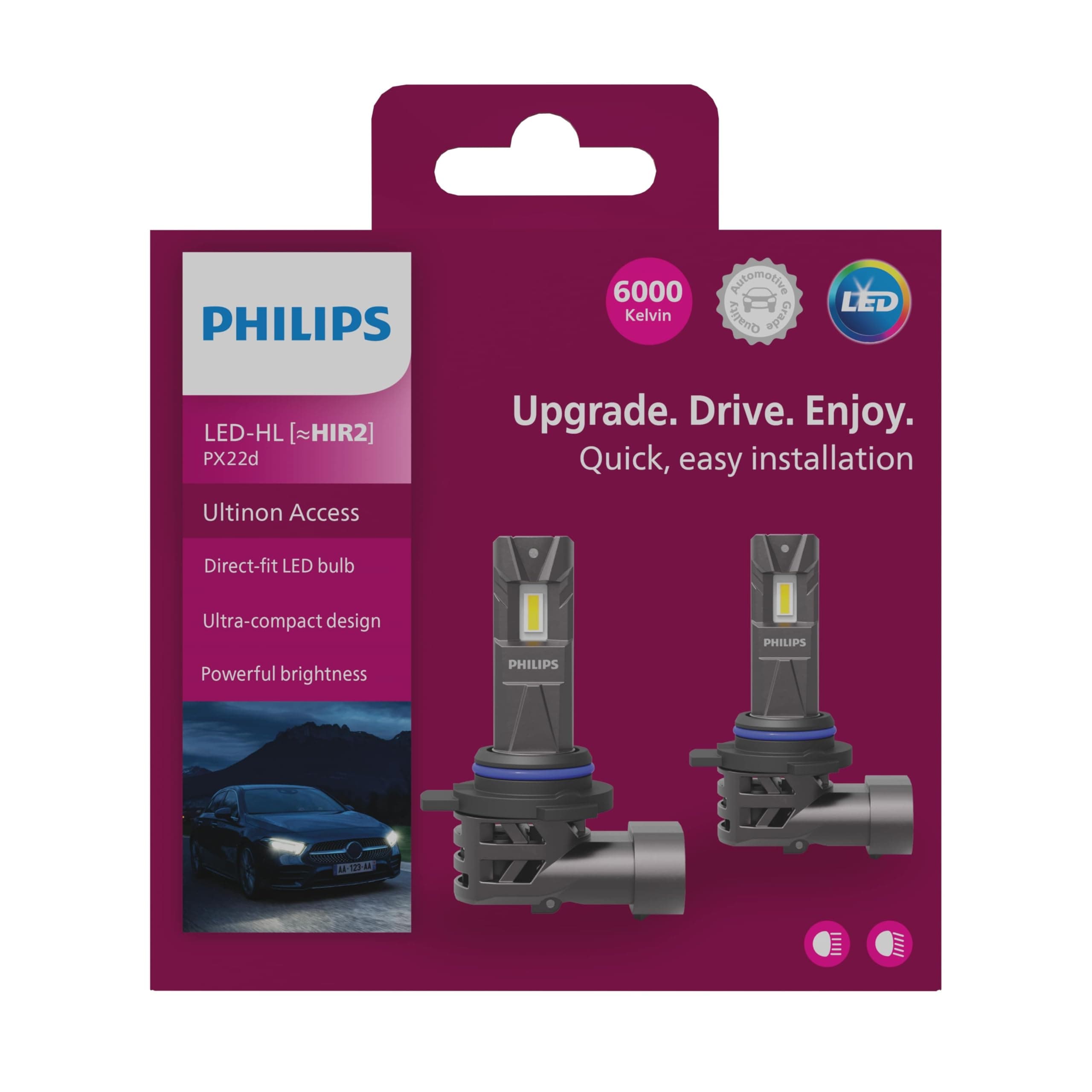 Philips Ultinon Access LED car headlight bulb (HIR2), ultra-compact direct-fit, 80%, 6000K, set of 2