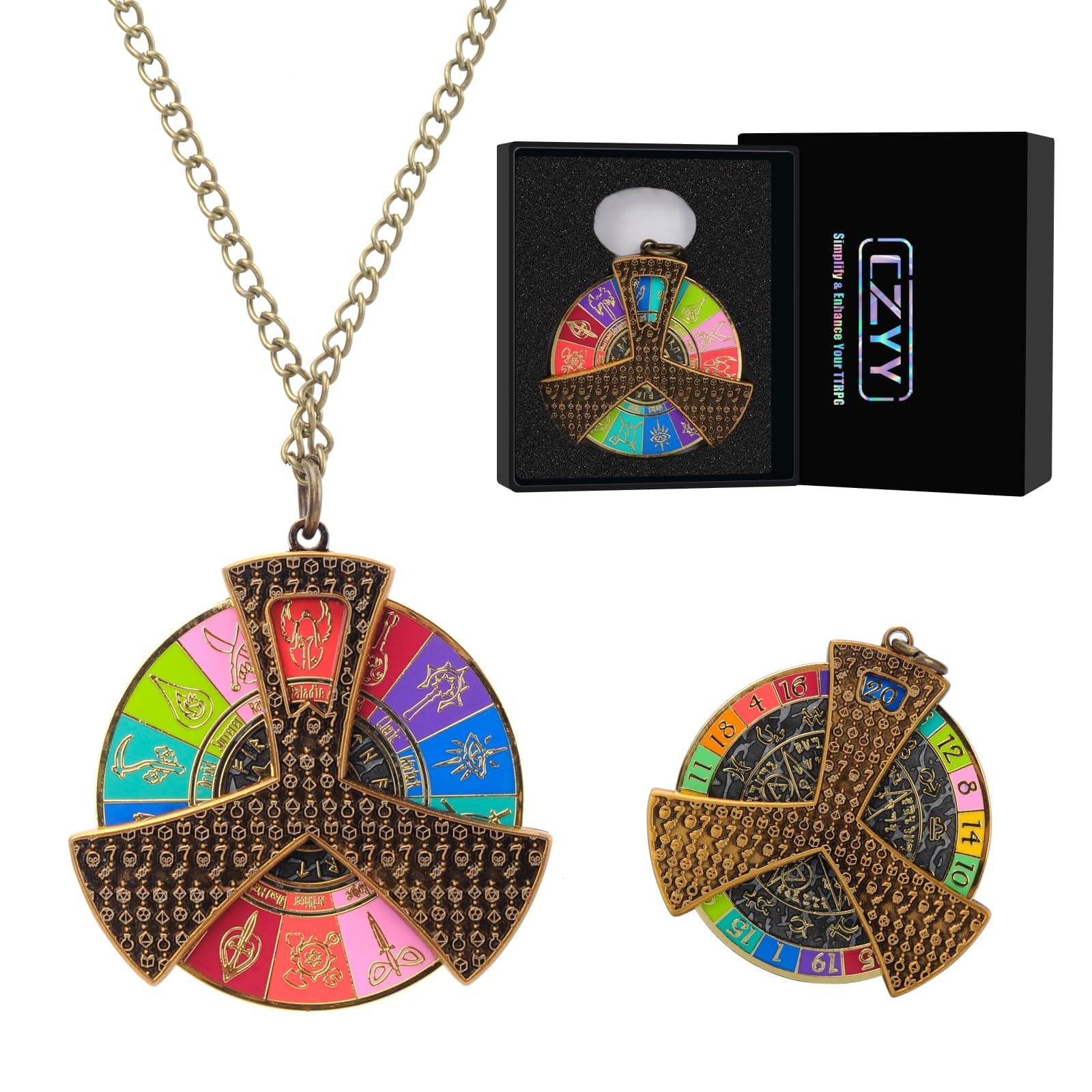 DND 5E Class & D20 Dice Spinner Necklace - 2 in 1 Class Roulette Picker & D20 Dice Roll Fidget Tool - Hard Enamel with Chain Role Playing Jewelry, Accessories, Gift for D&D Player & Dungeon Master