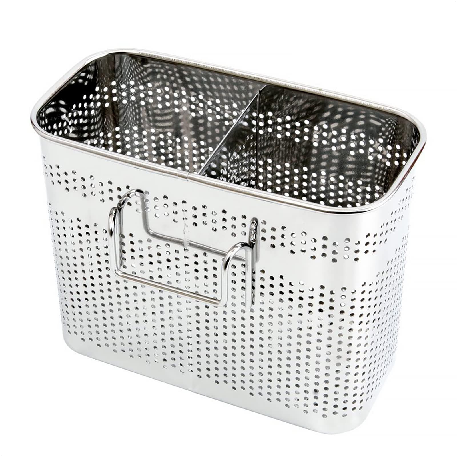 Kitchen Utensils Chopsticks Holder Drying Rack Basket with Hooks 2 Divided Compartments Quality Stainless Steel Large L5.4" X H4.3" X W2.6" (Basic pack)