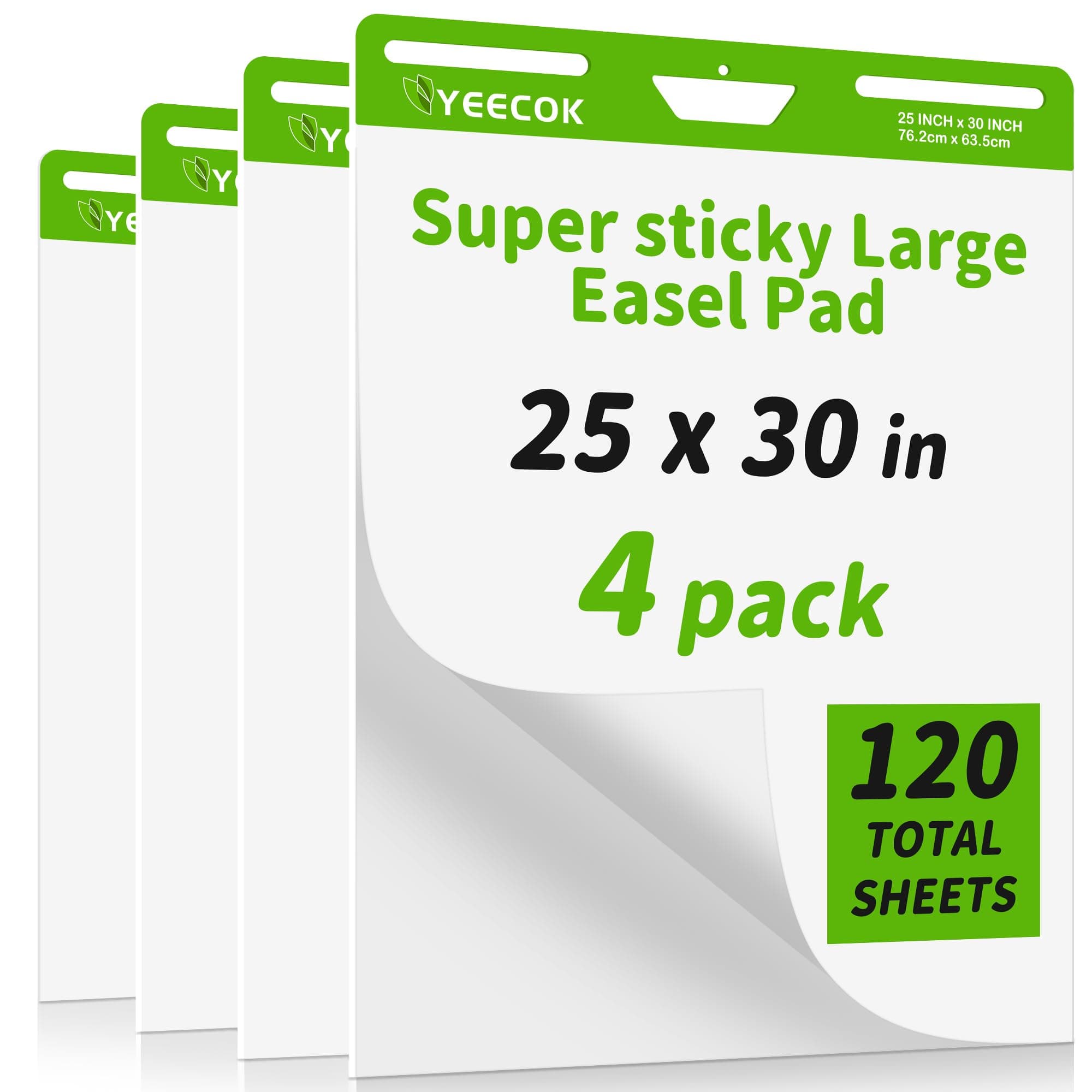 Sticky Easel Pad 25 in x 30 in, 30 Sheets/Pad, 4 Pads/Pack, Sticky Flip Chart Paper for Teachers, Super Sticking Power & Bleed-Resistant