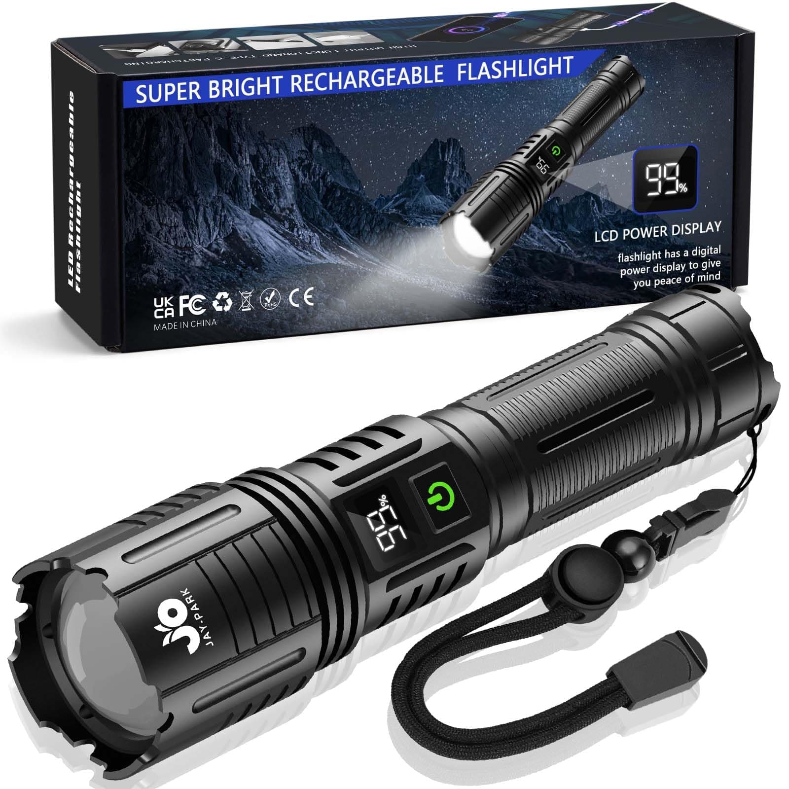 JAY-PARK Rechargeable Flashlights 10000 Lumen, LED Flashlight with Digital Power Display and Zoomable, Flashlights High Lumen Super Bright Long Distance for Camping, bushcraft, Outdoor