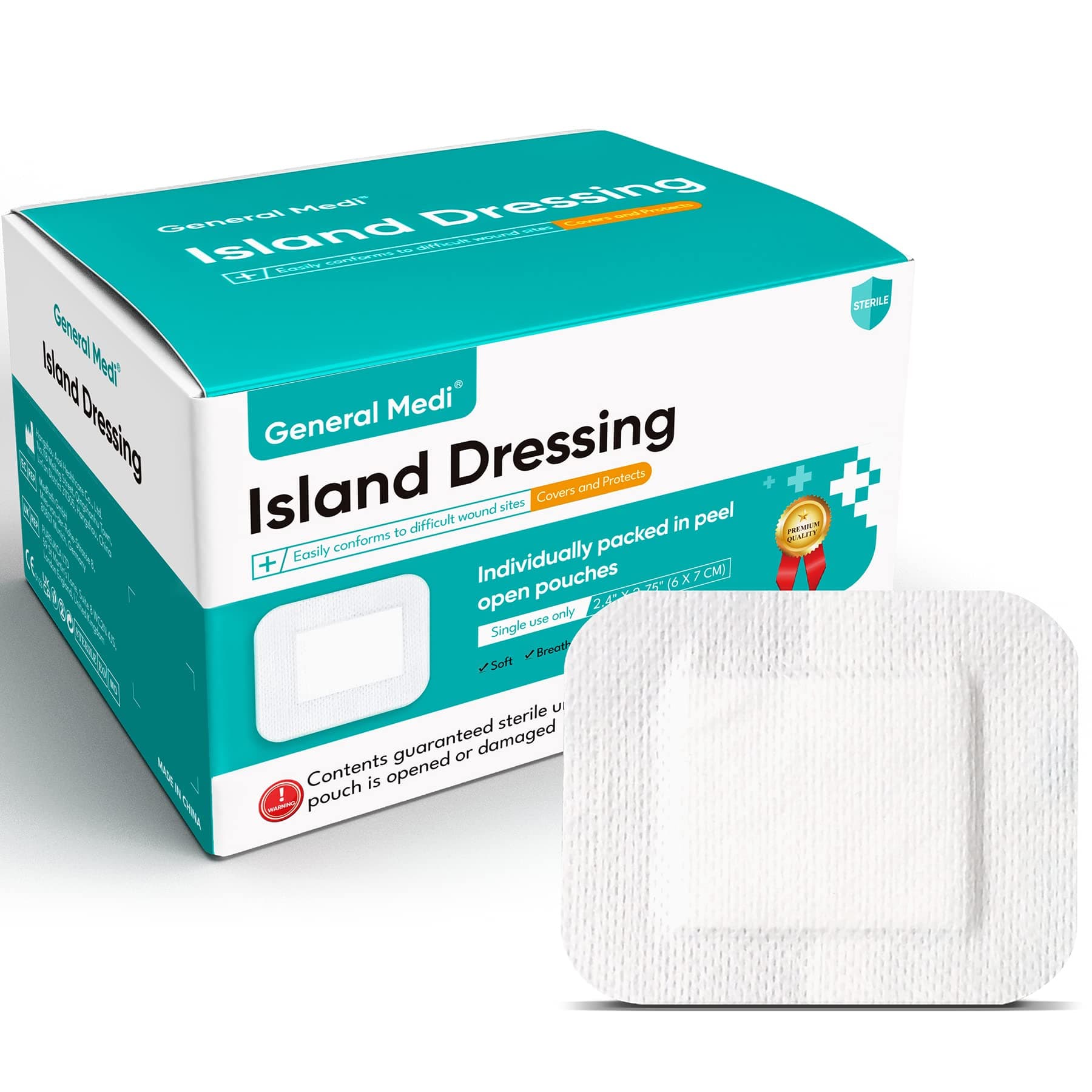 General Medi Sterile Island Dressing with Edged View, 100 Count, 6 x 7 cm Gauze Pads, Wound Care Pad with Adhesive Edge, Sterile, Soft & Highly Absorbent Medical Grade Dressing Pad