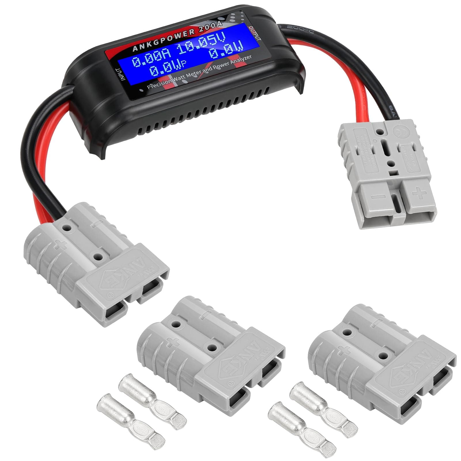 200A Power Analyzer with Power connectors, High Precision RC with Digital LCD Screen for Voltage (V) Current (A) Power (W) Charge(Ah) and Energy (Wh) Measurement Two Sets of 50A Gray Power connectors