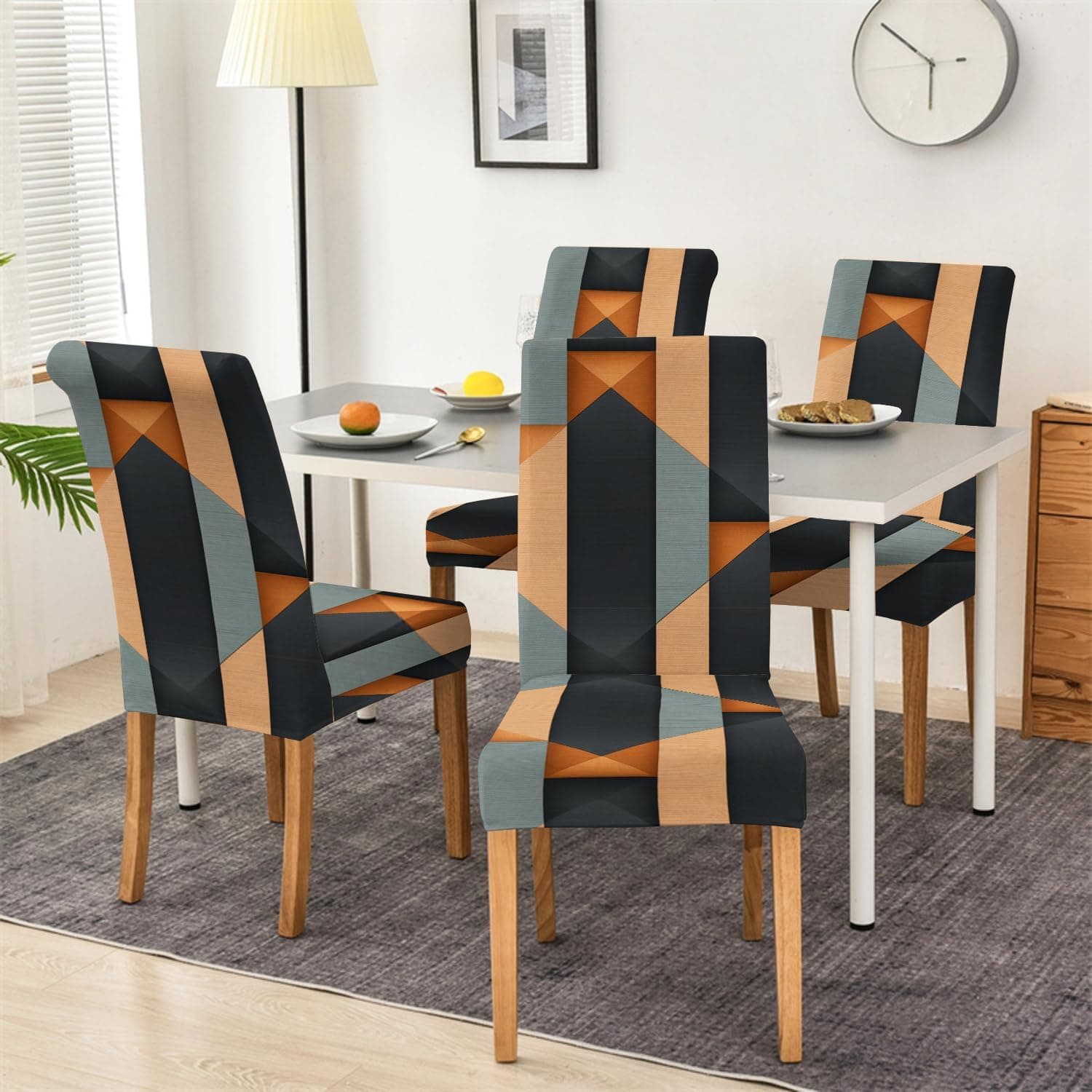 BRIDA® Polyester Spandex Stretchable Floral Geometric Printed Dining Chair Covers Elastic Chair Seat Case Protector, Slipcovers (4 Chair Cover, Camel Geometric)