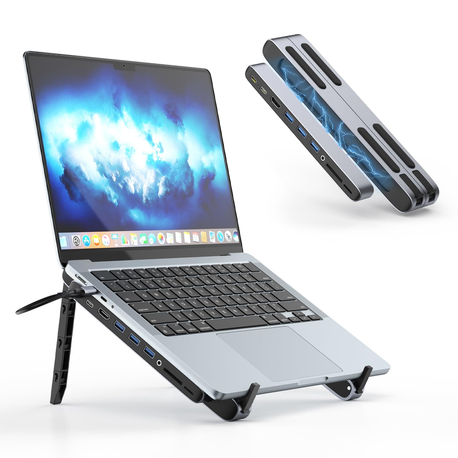 USB C Laptop Docking Station Stand, HAMOPY 9 in 1 Detachable Magnetic Laptop Dock Stand with 4K HDMI, USB 3.0, PD100W, TF/SD, 4 Levels Ergonomic Tablet Stand for MacBook Pro/Air/Dell/HP/Surface/Lenovo