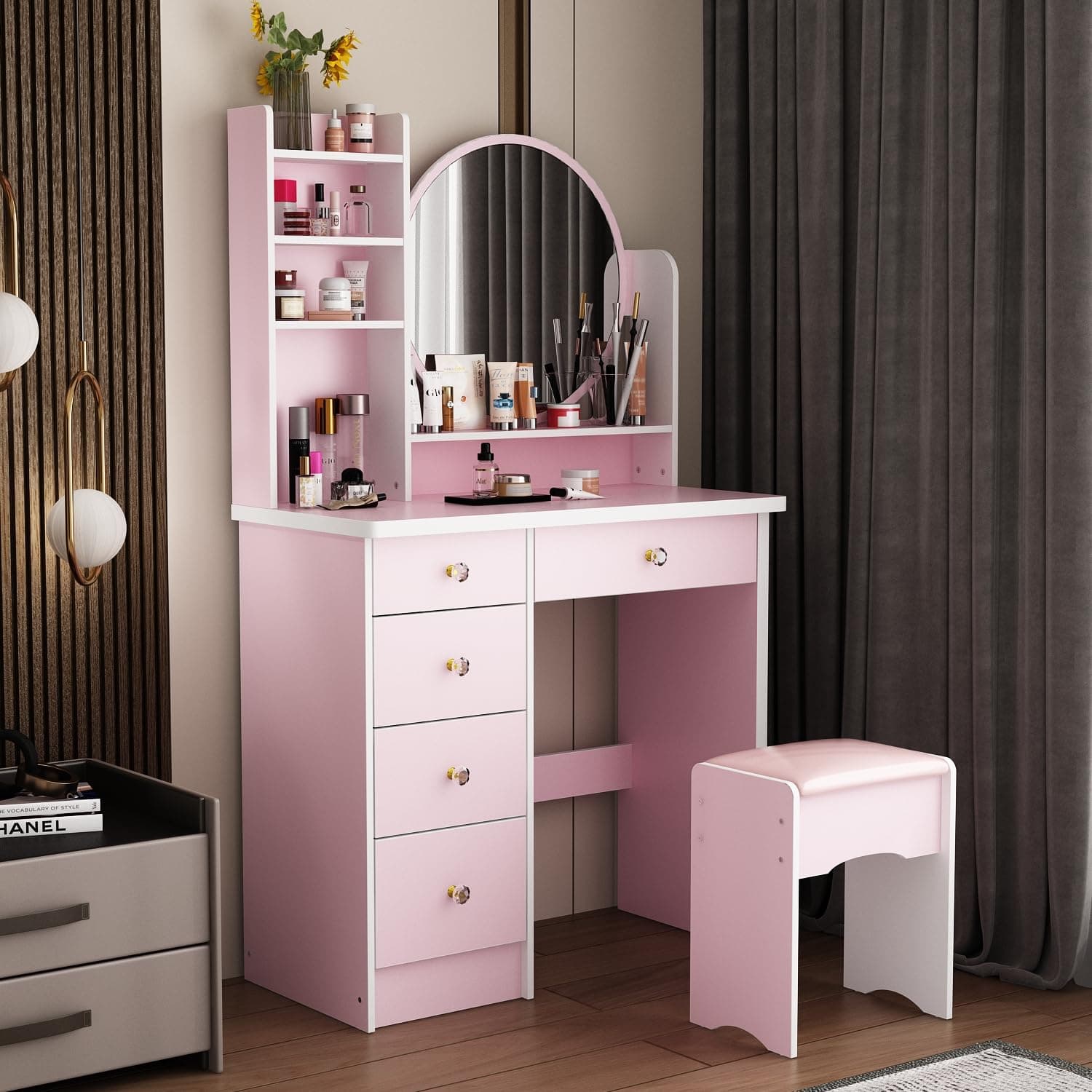 ECACAD Vanity Desk Set with Round Mirror, Makeup Dressing Table with 5 Drawers, Storage Shelves & Cushioned Stool for Bedroom, Pink