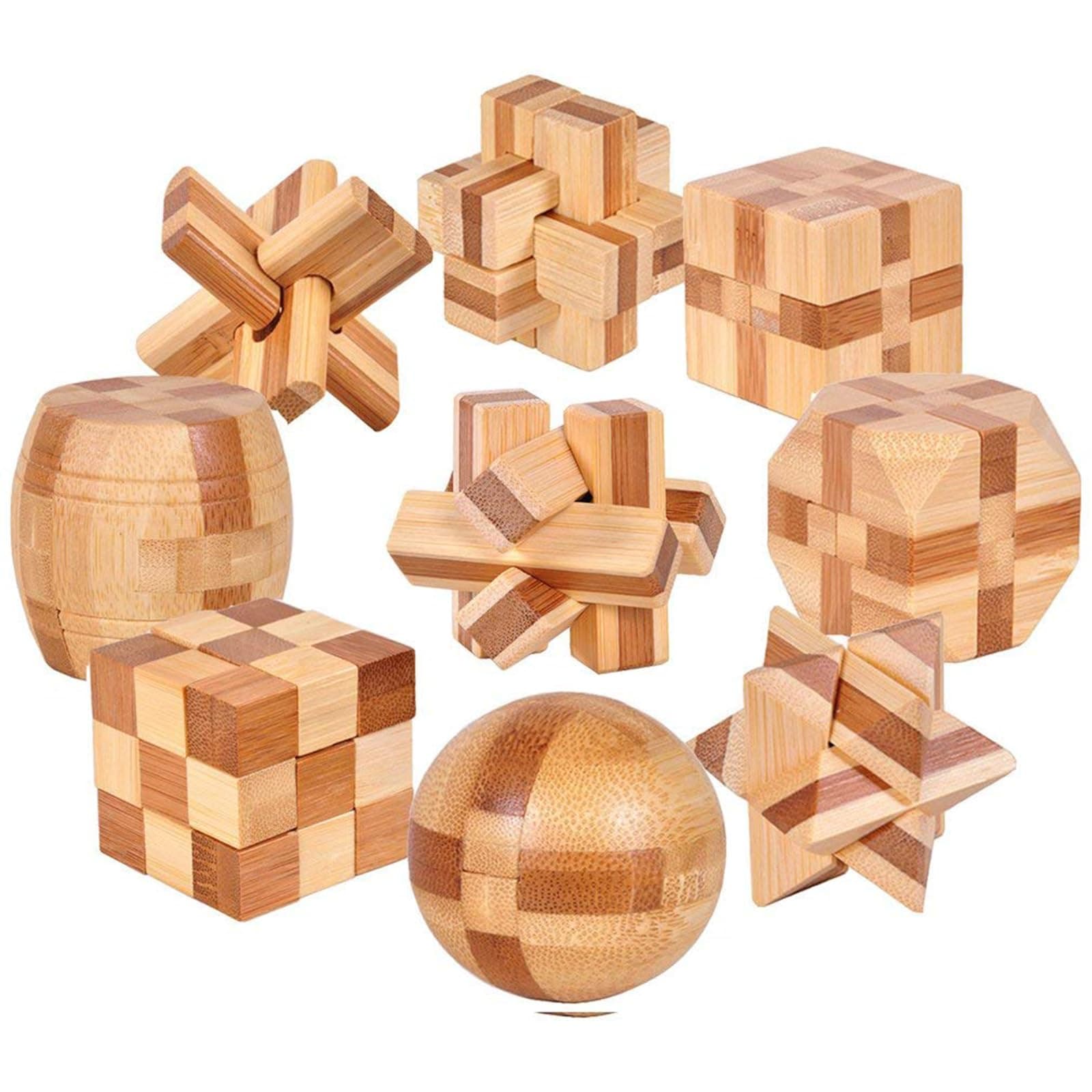 9pcs Wooden Blocks Brain Teaser Puzzles Set 3D Interlocking Wood Jigsaw Games - Ideal Mind Toys and Gift for Kids and Teens