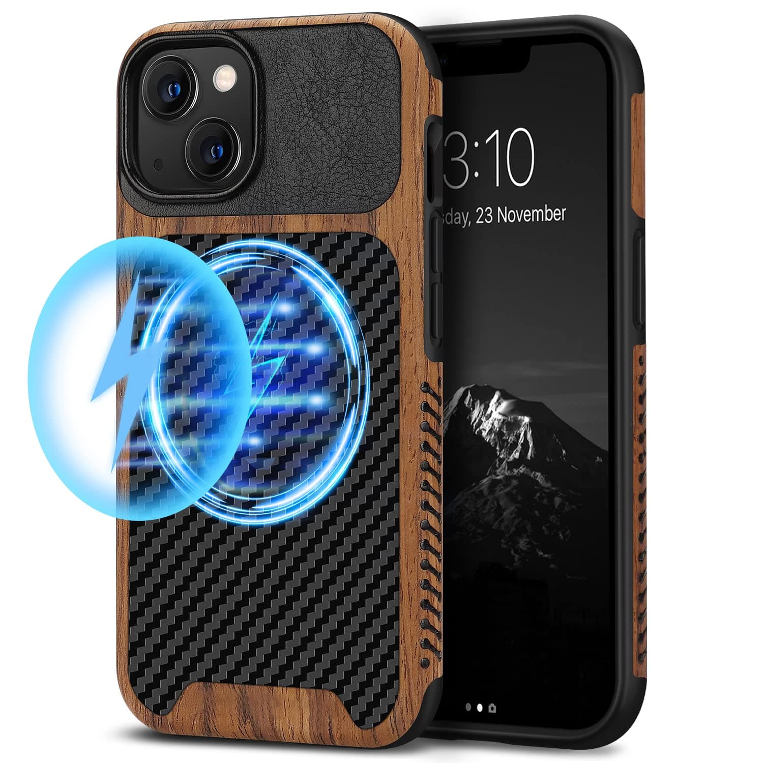 TENDLIN Compatible with iPhone 13 mini Case Wood Grain with Carbon Fiber Texture Design Leather Hybrid Slim Case (Compatible with MagSafe) Black