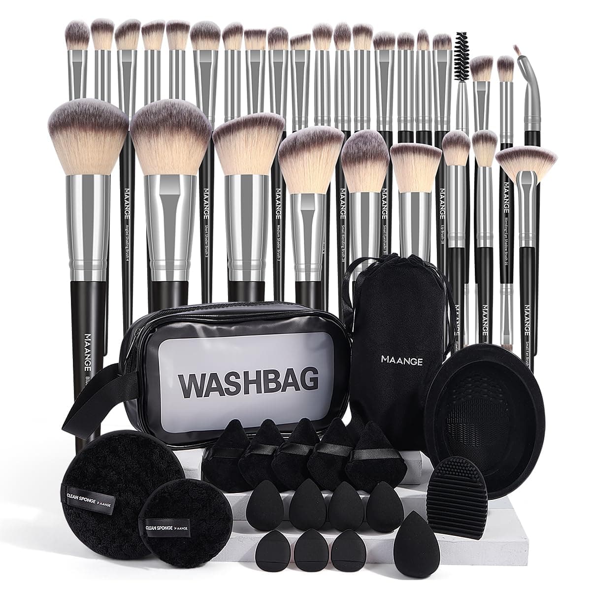 MAANGE Makeup Brush Set 49 Pcs Makeup Tool Set Premium Synthetic Foundation Powder Concealers Eye shadows Blush Makeup Brushes (Silver, 49 Piece Set)