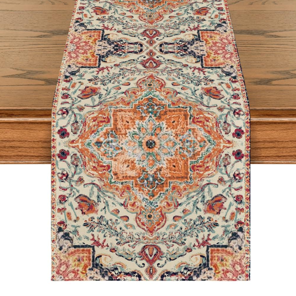 Artoid Mode Boho Bohemia Style Orange Table Runner, Country Rustic Farmhouse Magical Fall Kitchen Dining Table Decoration for Home Party Decor 13x36 Inch