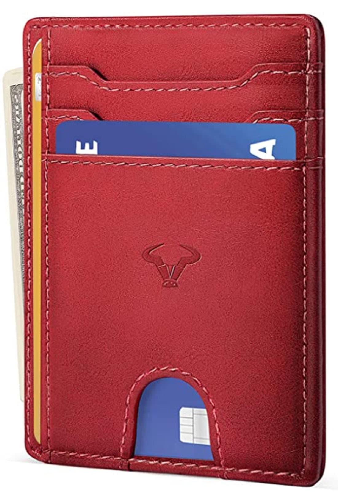 Genuine Leather Slim Wallet | RFID Blocking Skinny Minimal Thin Front Pocket Wallet Sleeve Card Holder for Men | Up to 7 Card Slots Including 1 ID Window (Red)