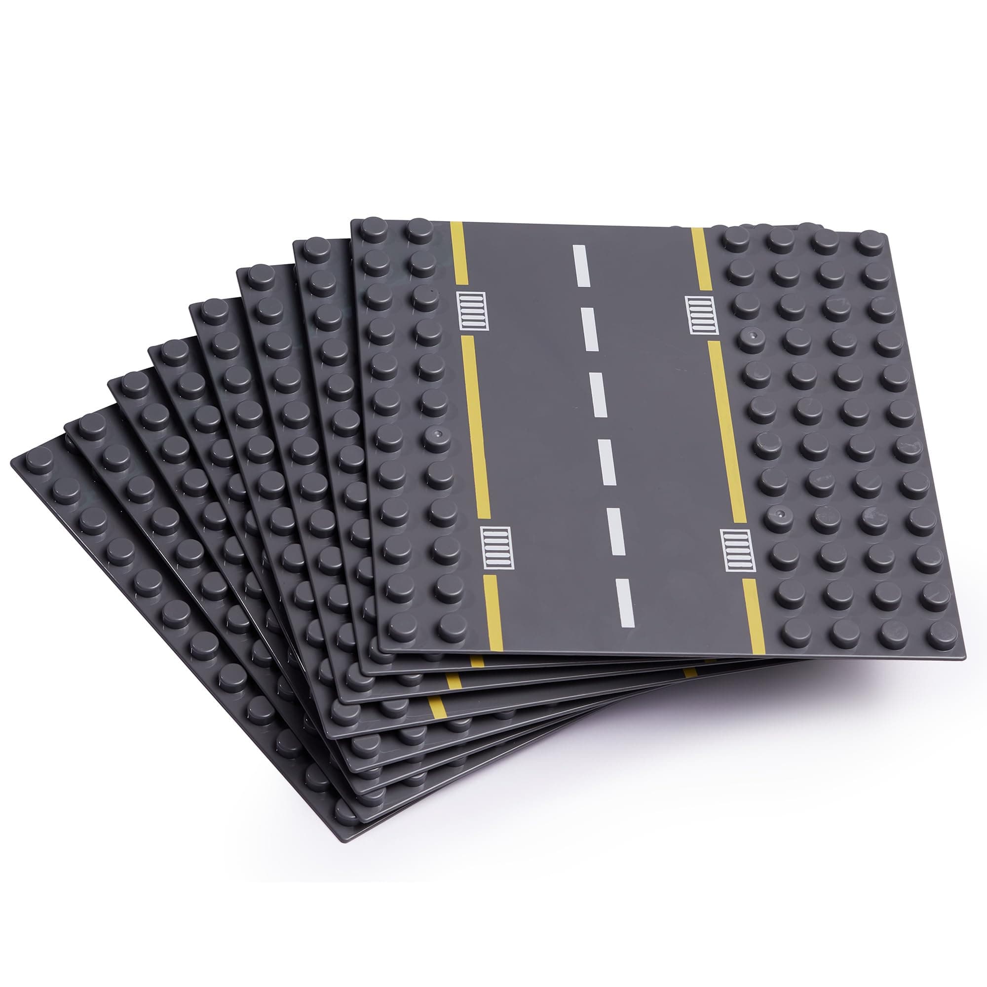 Building Block Road Base Plates Compatible with Large Bricks – 8Pcs Straight and Curved Road Construction Blocks – 7.5 x 7.5 Inch Street Baseplates, STEM Learning
