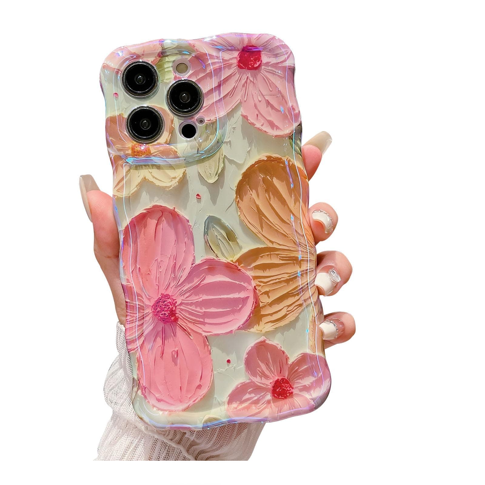 – for iPhone 15 Pro Max Case, Colorful Retro Oil Painting Flower Cute Curly Wave Border Floral Case for Women Girls, Camera Protection Soft Shockproof Cover Case for iPhone 15 Pro Max - Pink