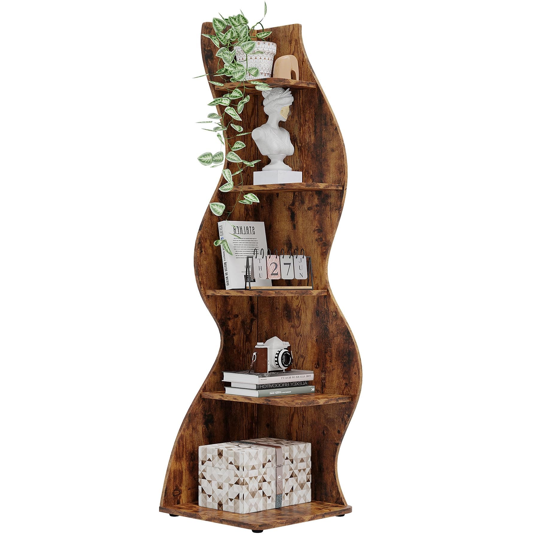 Tribesigns Corner Shelf, Rustic 5-Tier Wall Corner Bookshelf, Stylish Corner Small Bookcase Storage Rack Plant Stand with Unique Shape for Living Room, Home Office (1PC, Brown)
