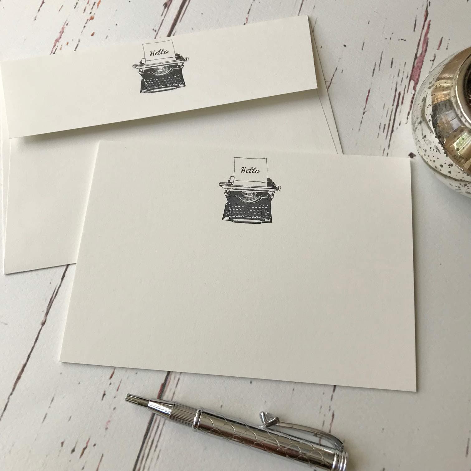 Wagtail Designs Notelets with a Typewriter Illustration in a Lovely Black Box with Ribbon (Packet of 20 notelets and envelopes)