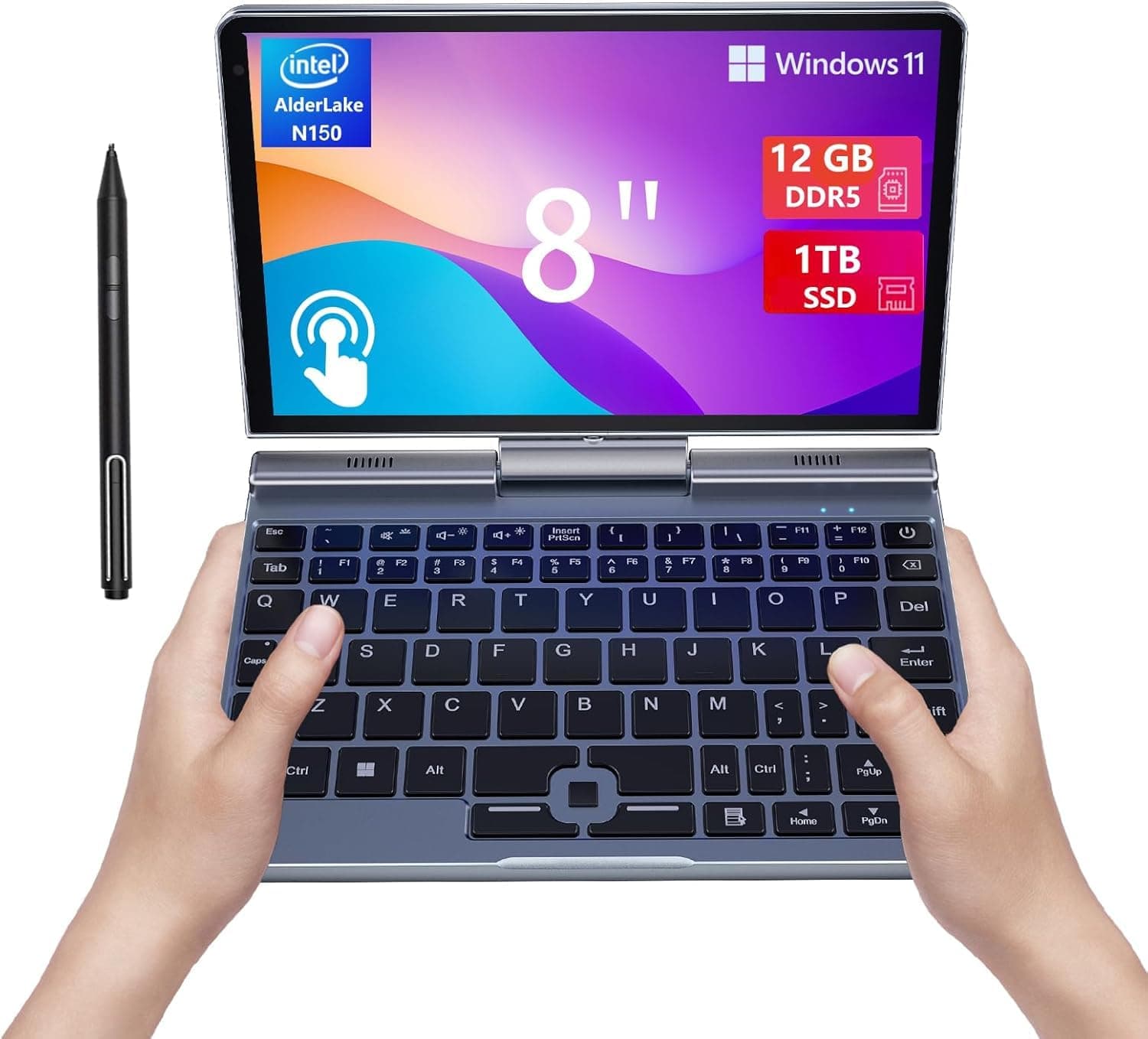 Mini Laptop 8 inch HD Touchscreen Portable, Win 11 Pro Small Gaming Laptop, N100 12 GB LPDDR5 512 GB M.2 SSD, Wi-Fi 6, BT 5.2 2 MP Camera, G-Sensor, HDMI, Type C (NO CPU RAM SSD)