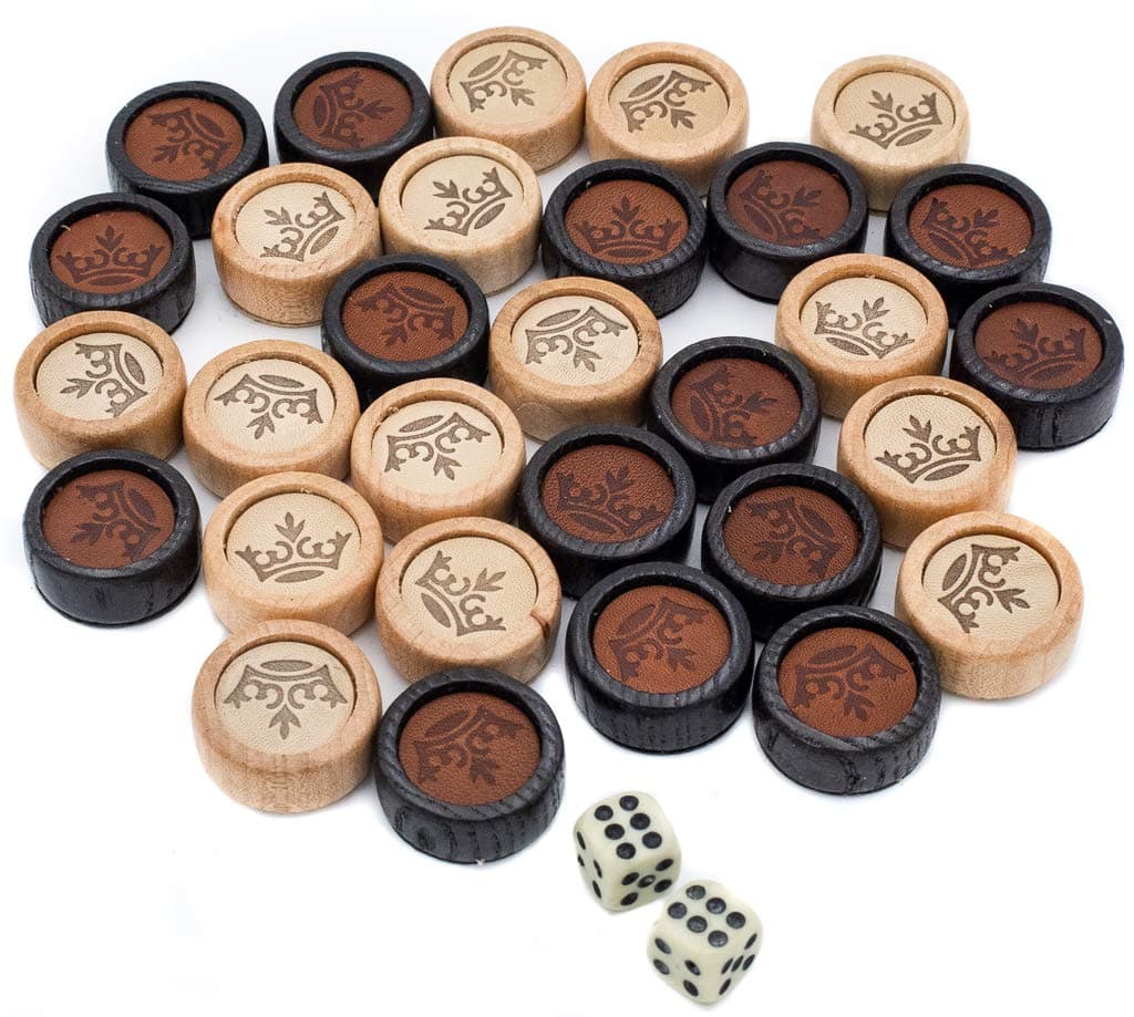 WatluxBackgammon Game Pieces and Dice | Replacement Luxury Checkers Chips Made with Natural Wood | Include a Simple Leather Pouch | Attractive 30 Wooden Pieces | 1 inch