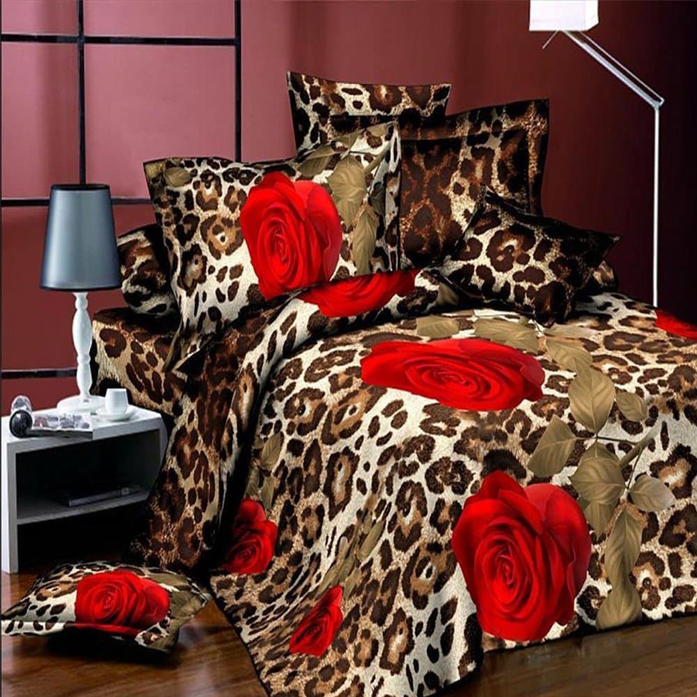 16goodmall 3D Printed Leopard Red Rose Queen Size 4 pcs Bedding Set Retro & Modern Style