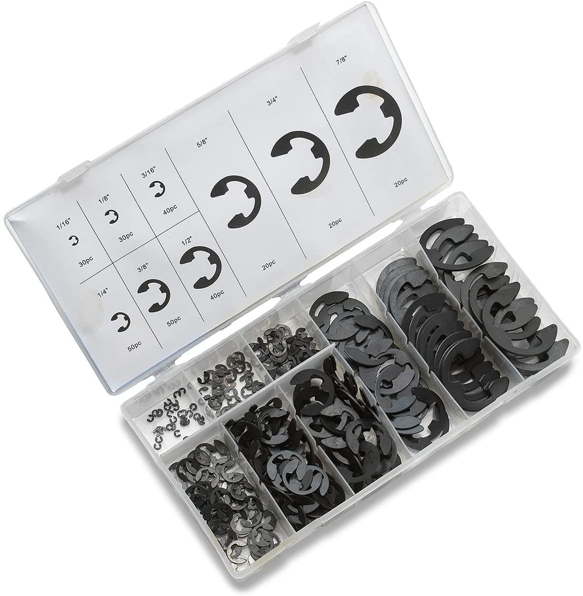 50455A E-Clip Assortment Set | 300 PCS, 9 SAE Sizes, Heat Treated External Retaining Clips, 1/16" - 7/8 Inch | High Carbon Steel Circlip Kit, Anti Walk Washers, Retaining Rings