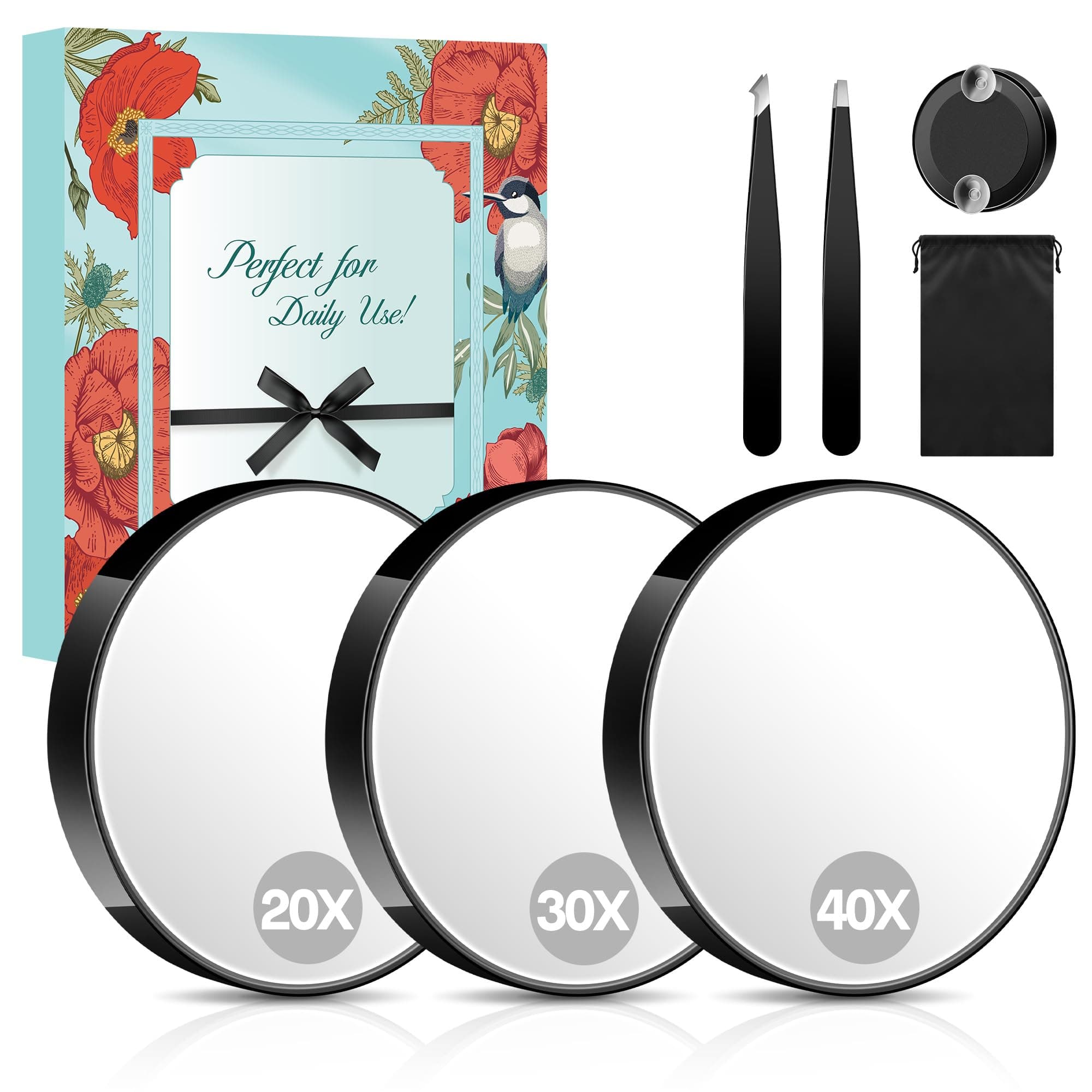 Magnifying Mirror 40X/30X/20X, 3.5 Inch Round Compact Mirror with Suction Cup, 2Ps Stainless Steel Tweezers, Perfect for Makeup, Eyebrows, Beards, Travel