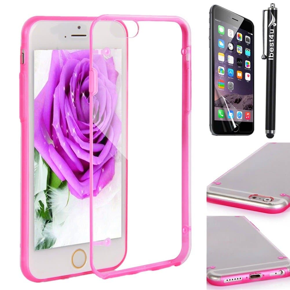 iPhone 6 Case - iBset4u Ultra Thin Luminous and Transparent Glow in the Dark Cover Case for Apple iPhone 6 4.7 inch Screen (Not fit for iPhone 6 5.5 inch Screen) with a Free Stylus Pen + Screen Protector - Transparent Glow Hot Pink