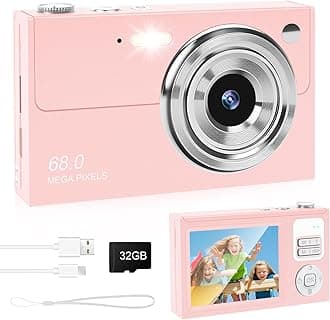 Digital Camera - 68MP Autofocus with 2.8" LCD Screen 16X Digital Zoom Anti-Shake Photography Vlogging Compact Photo Camera with 32gb SD Card for Kids Students Beginners Teens (All Pink)