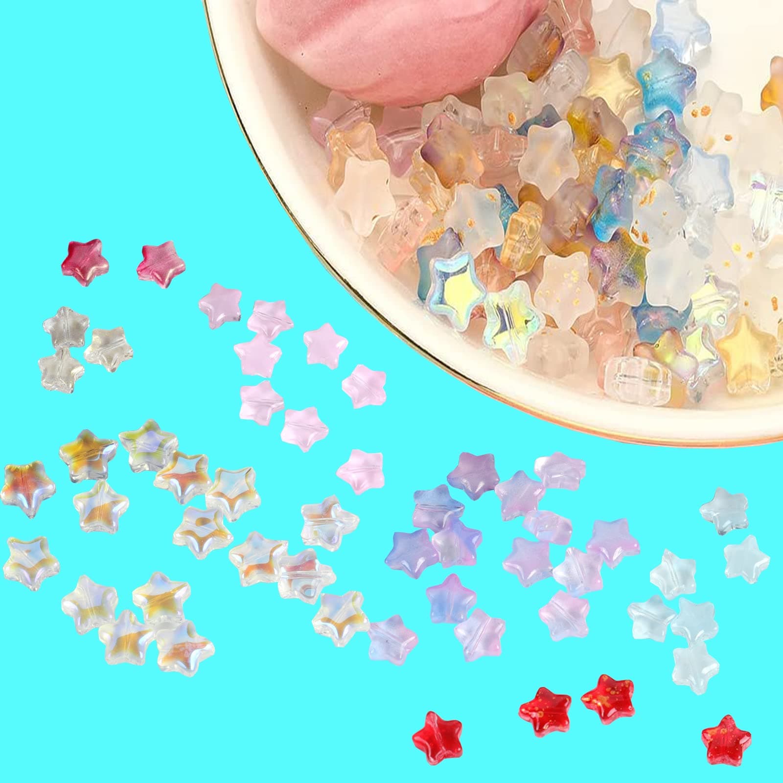 100pcs Random Glass Star Beads Cute Colorful Tiny Star Shape Beads Kawaii Crystal Loose Beads for Jewelry Making Bracelets Bulk