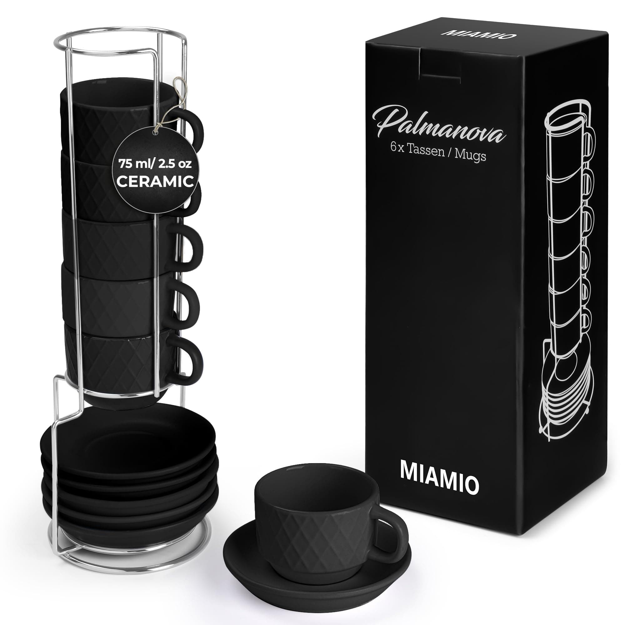 MIAMIO - 6 x 75 ml Stoneware Espresso Mug, Cup Set Modern with Stand and Saucers - Palmanova Collection (Black)