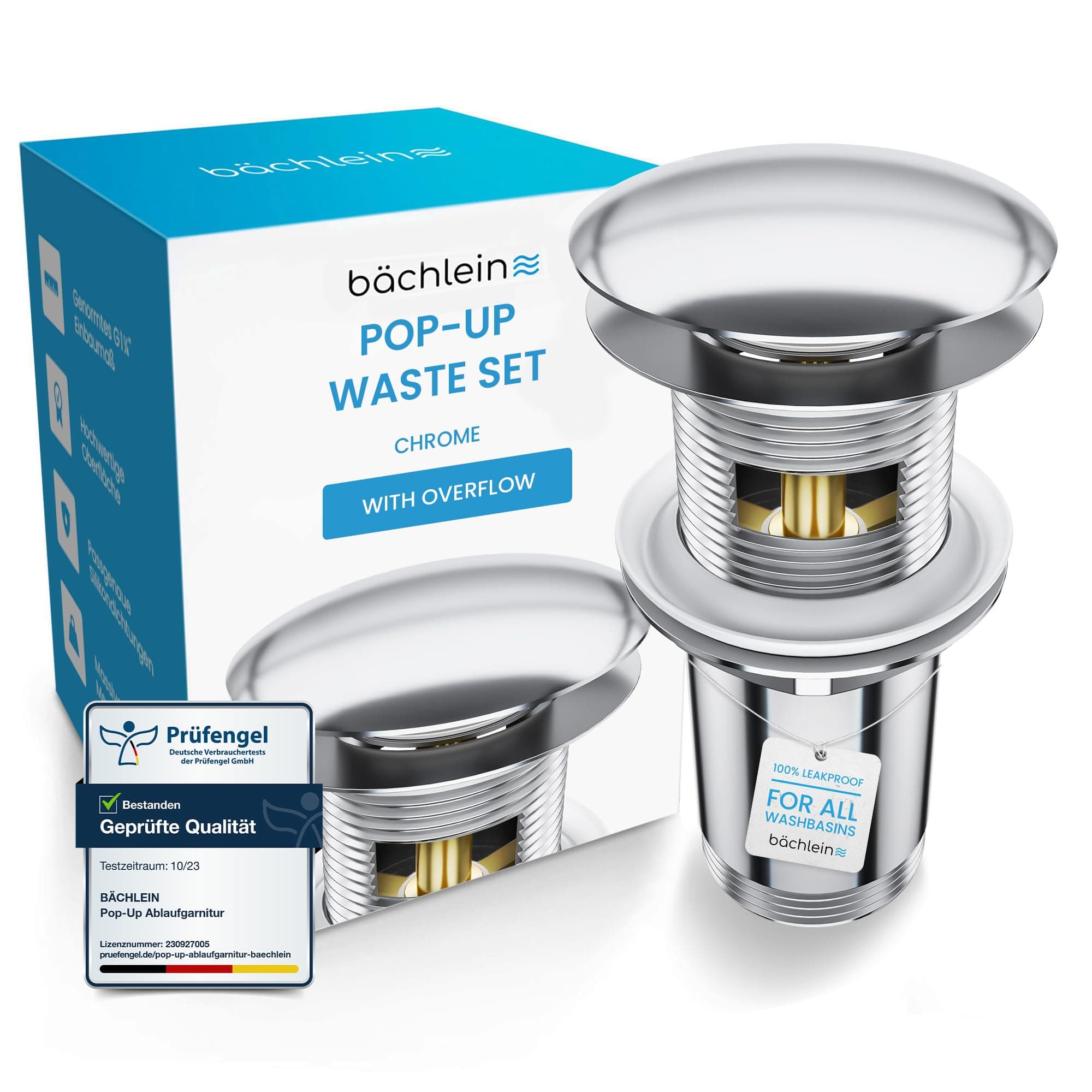 Bächlein Universal Drain Set with Overflow (Chrome) - Brass Drain Valve Drain Set - Installation with Instructions