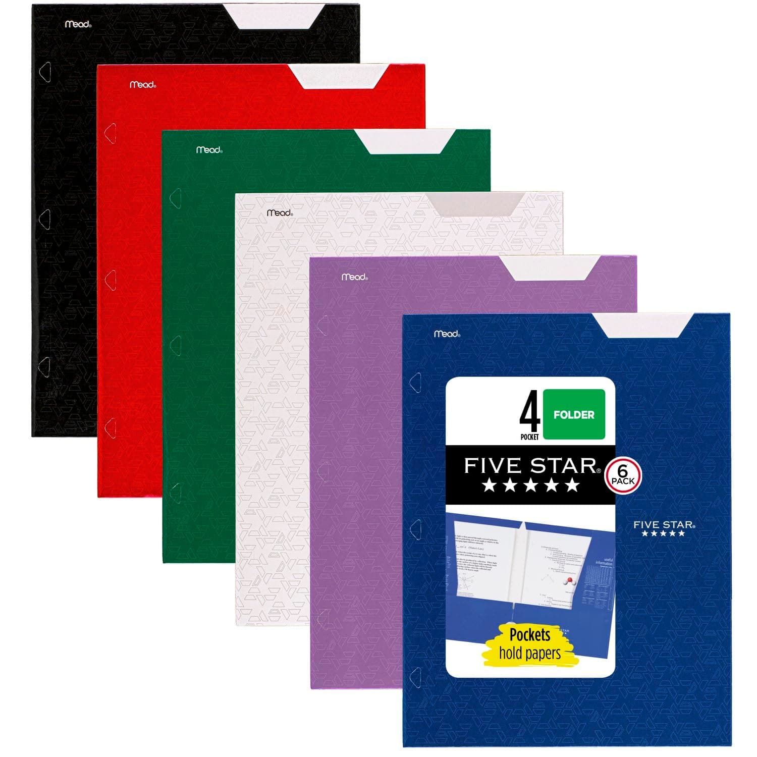 FIVE STAR 4 Pocket Folder, Paper Folders, Fits 3-Ring Binders, Holds 21.6 cm x 27.9 cm Paper, Writable Label, Assorted Colors (38058), 6 Count (Pack of 1)