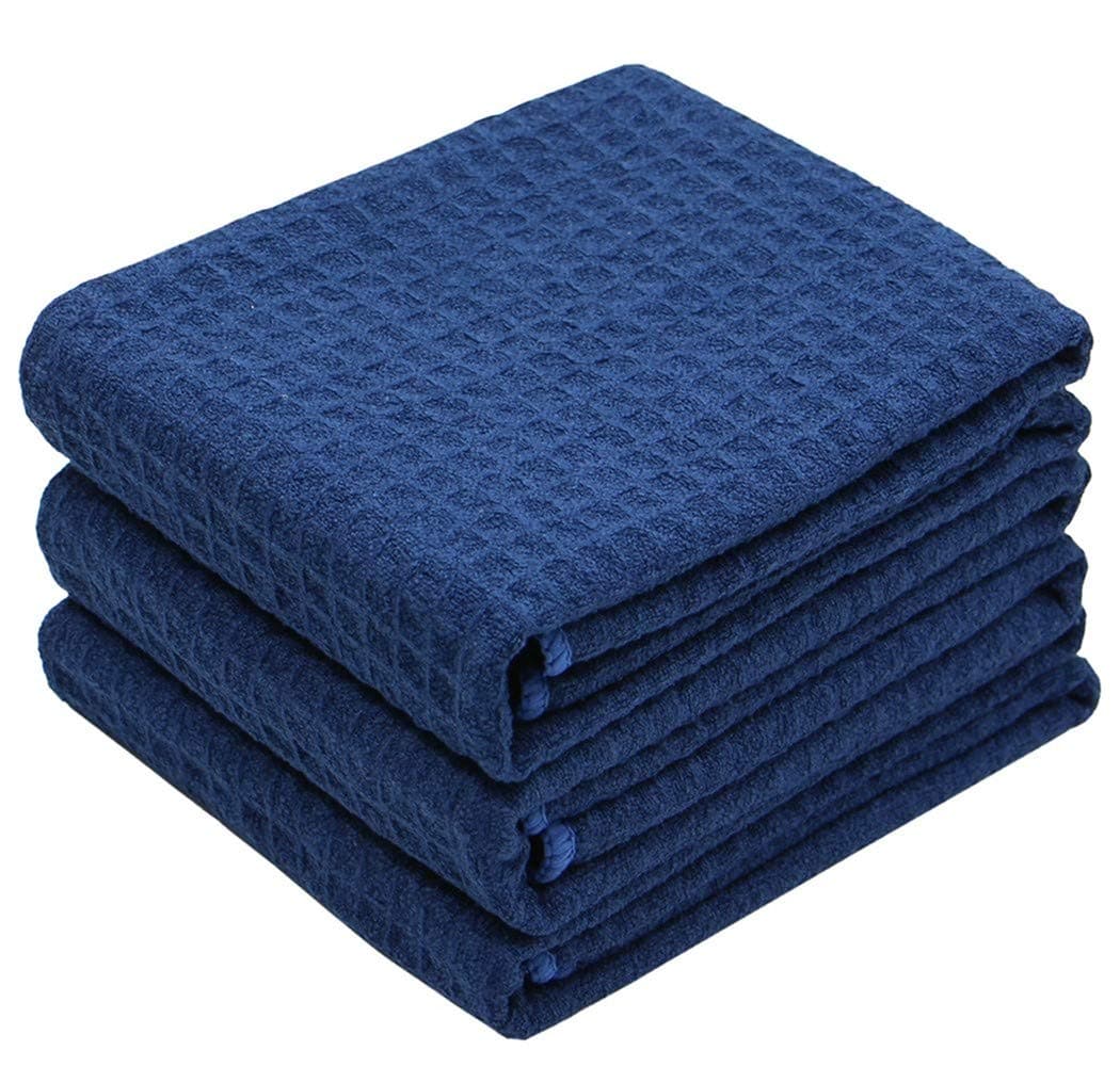 Waffle Weave Kitchen Towels - Thick Microfiber Absorbent Tea & Dish Drying Towels - Lint Free - 16Inch x 24Inch - 3 Pack Navy Blue