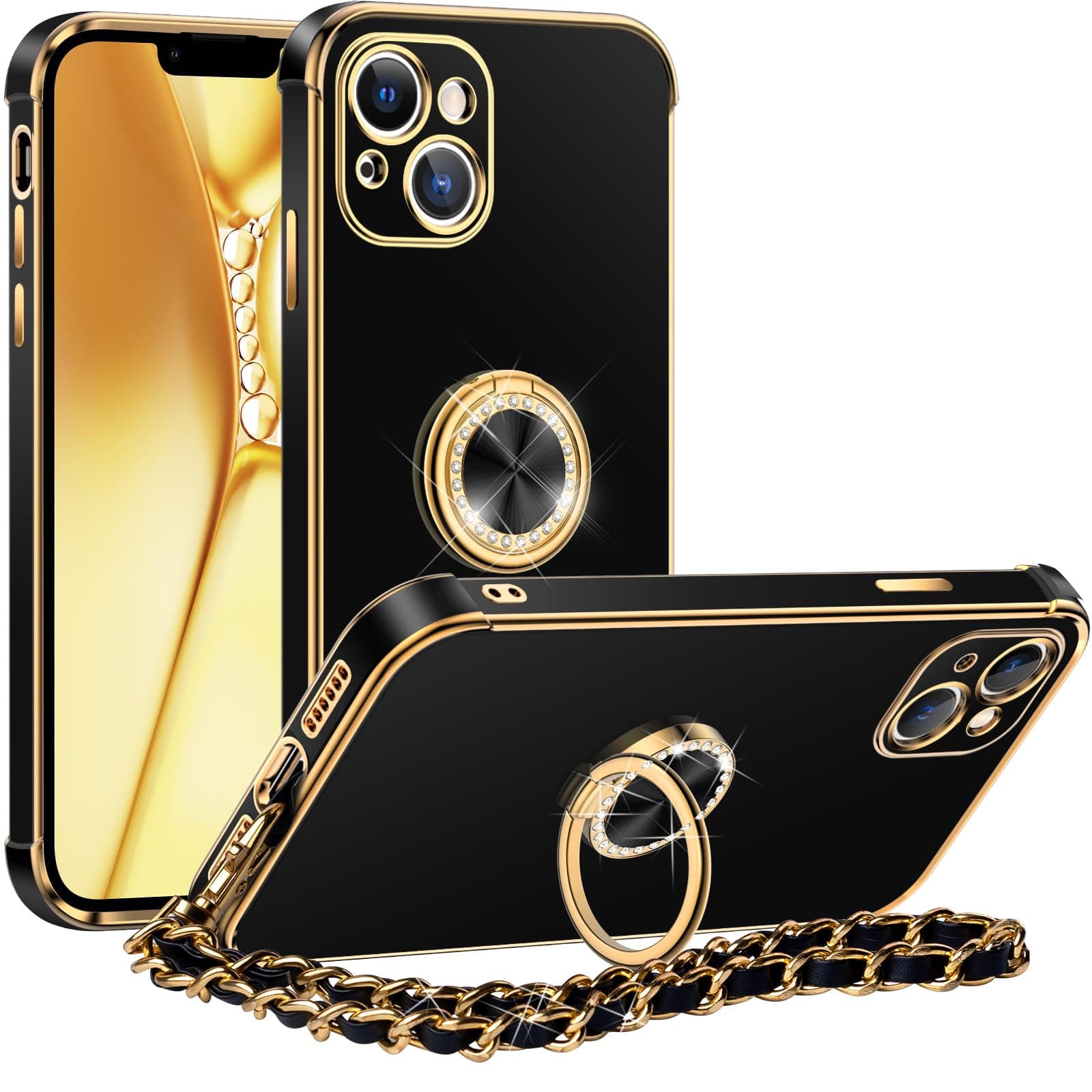 Miss Artsfor iPhone 14 Case with Stand, Phone Case with Ring Holder Kickstand, Women Girls Cute Luxury Bling Wrist Strap Soft Protective Phone Case for iPhone 14, Black