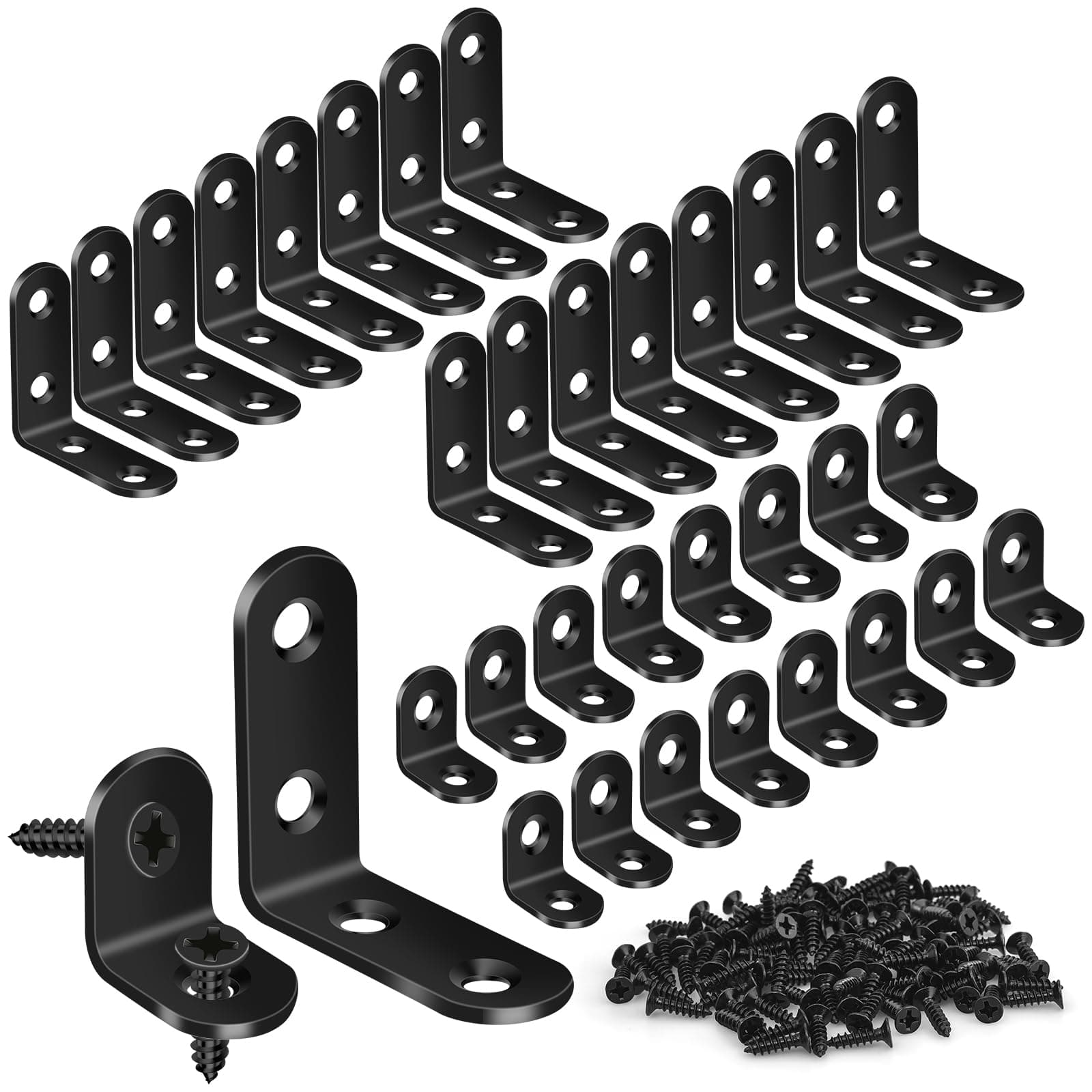 32PCS L Corner Brackets, MAPVOLUT Black Heavy Duty L Brackets for Shelves with 100PCS Screws, Metal Right Angle Shelf Bracket, Metal Corner Brace for Wood Furniture (1.57x1.57in/0.79x0.79in)