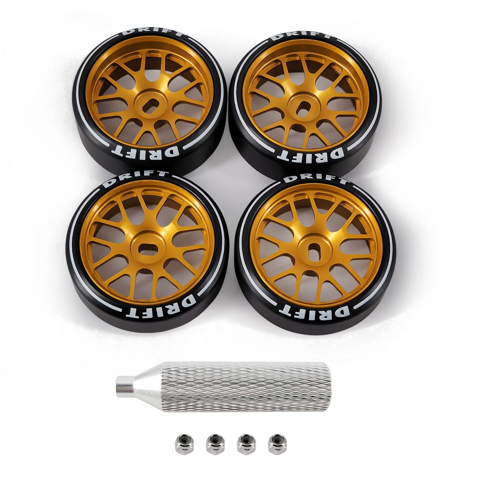 4 Pcs 14 Spoke Rc Drift Wheels & Logo Drift Tires for 1/24 1/28 Wltoys, [2N+2W] Aluminum Alloy Rims with Rc Drift Car Tires for 1/24 1/28 Kyosho Mini-Q HGD1 HGV1 K969 K989 k929(Gold)