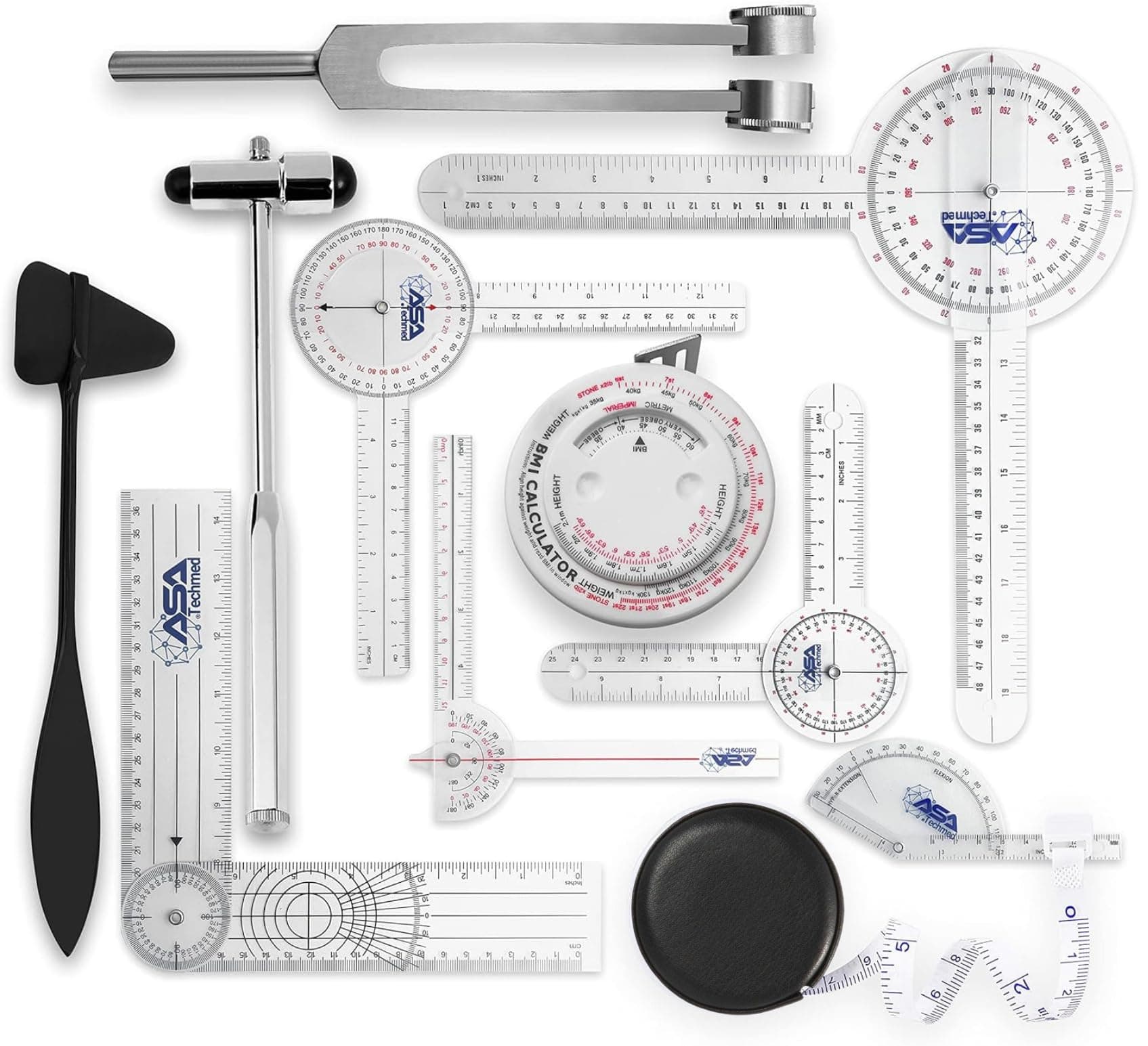 ASA TECHMED Goniometer Physical Therapy Complete Set W/Bonus Reflex Hammer Including 12,8,6 Inches Goni's Plus Two Bonus Measuring Tapes. Occupational Therapy Too