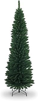 SHATCHI 4Ft-8Ft Artificial Flocked Slim Christmas Pencil Tree Holiday Home Decorations with Pointed Tips and Metal Stand, Green, 240 cm