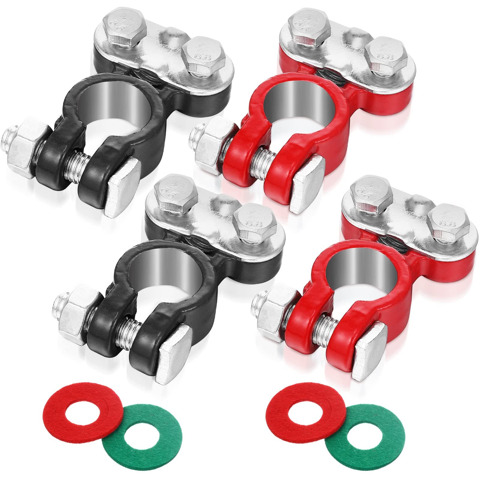 Tallew 2 Pair Battery Terminals Connector Set Color Coded Battery Cable Terminals with Anti-Corrosion Washers, Terminal Assortment Kit for Car Ship Vehicle Boat Small Yacht Camper(Black, Red)